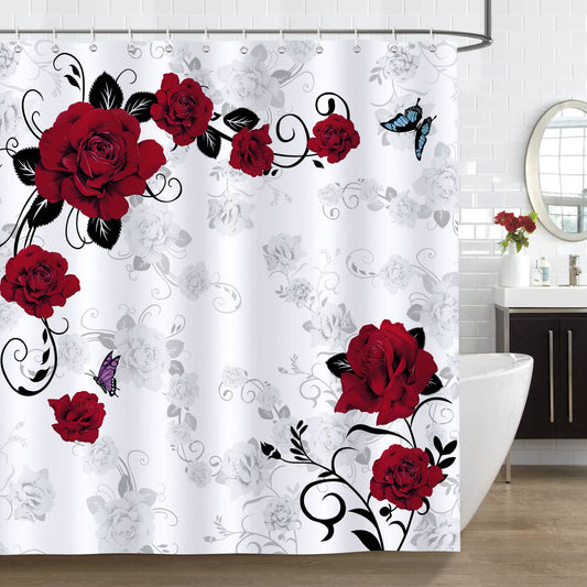 Bonhause Red Rose Shower Curtain, Vintage Floral Leaves Butterfly Bathroom Decor 72 x 72 Inch Polyester Fabric Waterproof Bath Curtain with 12 Hooks