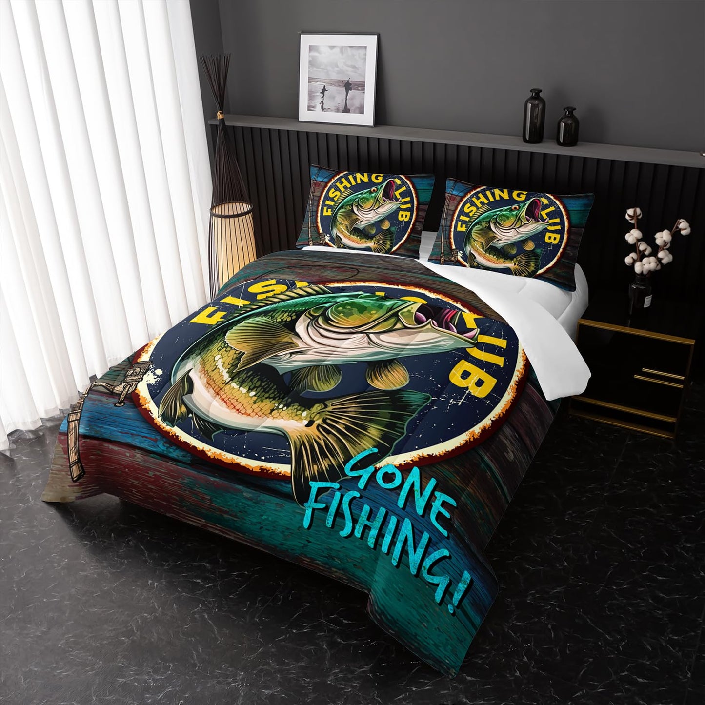 Nttopship Big Pike Fish Bedding, Bass Fishing Comforter Set Hunting and Fishing Themed Comforter Set for Kids Boys Room Decor, Twin Bed in a Bag for Teens with 2 Pillowcases