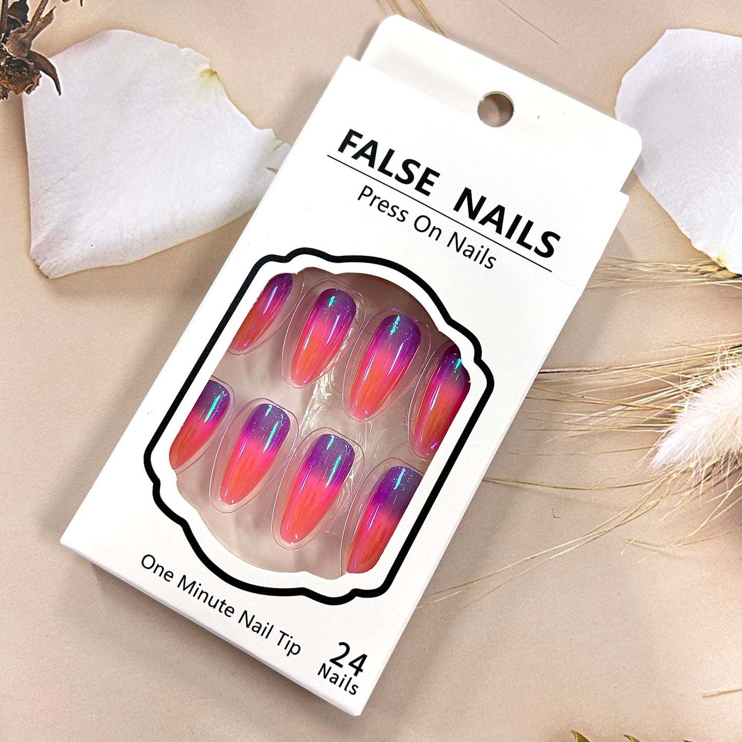 Almond Tip Press on Nails Medium Gradient Aurora False Nails Purple and Orange Design Full Cover Coffin Nails Artificial Stick on Nails Glossy Acrylic Nails Reusable Glue on Nails for Women 24Pcs