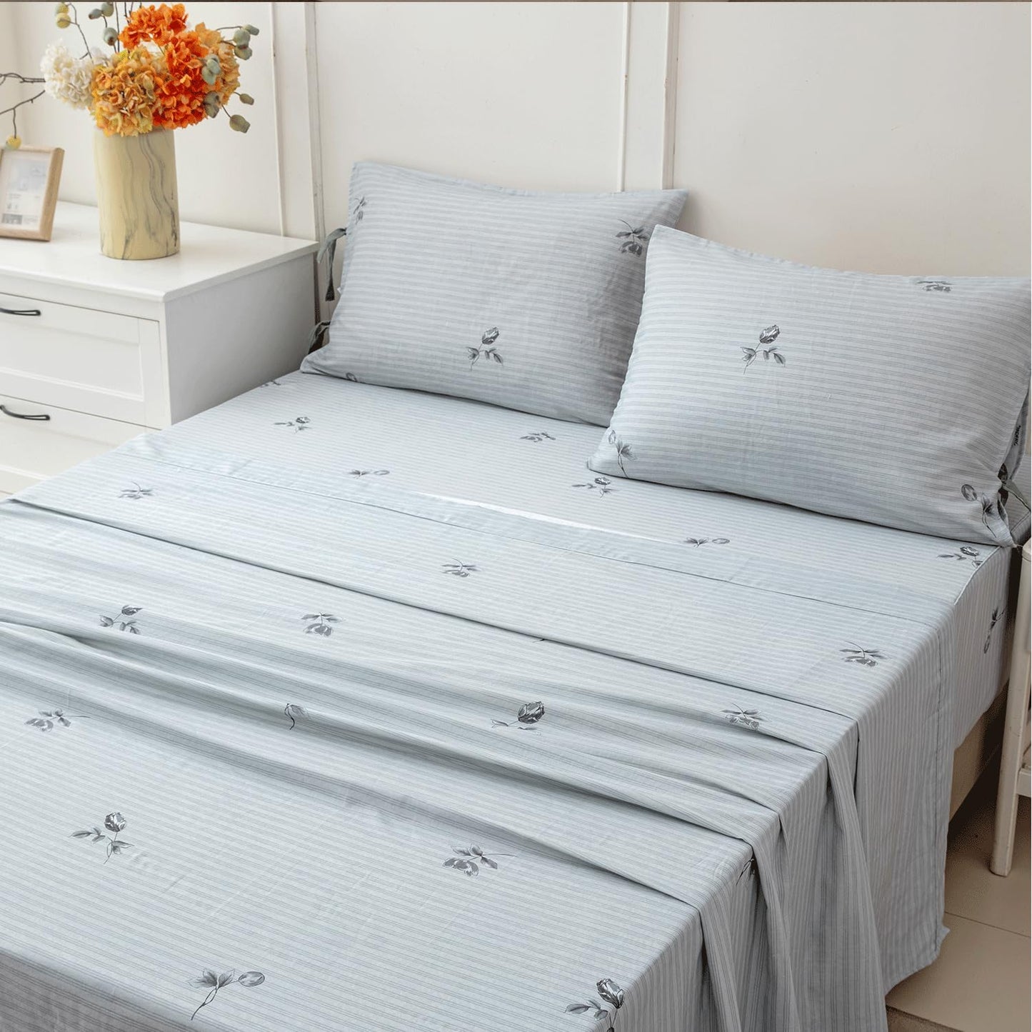FADFAY 100% Cotton Double Gauze Muslin Sheet Set, Gray Striped Floral Bed Sheets with Bow Tie Detail, Ultra Soft Breathable Cooling Sheets, Deep Pocket Luxury 4 Piece Bedding Set，Twin