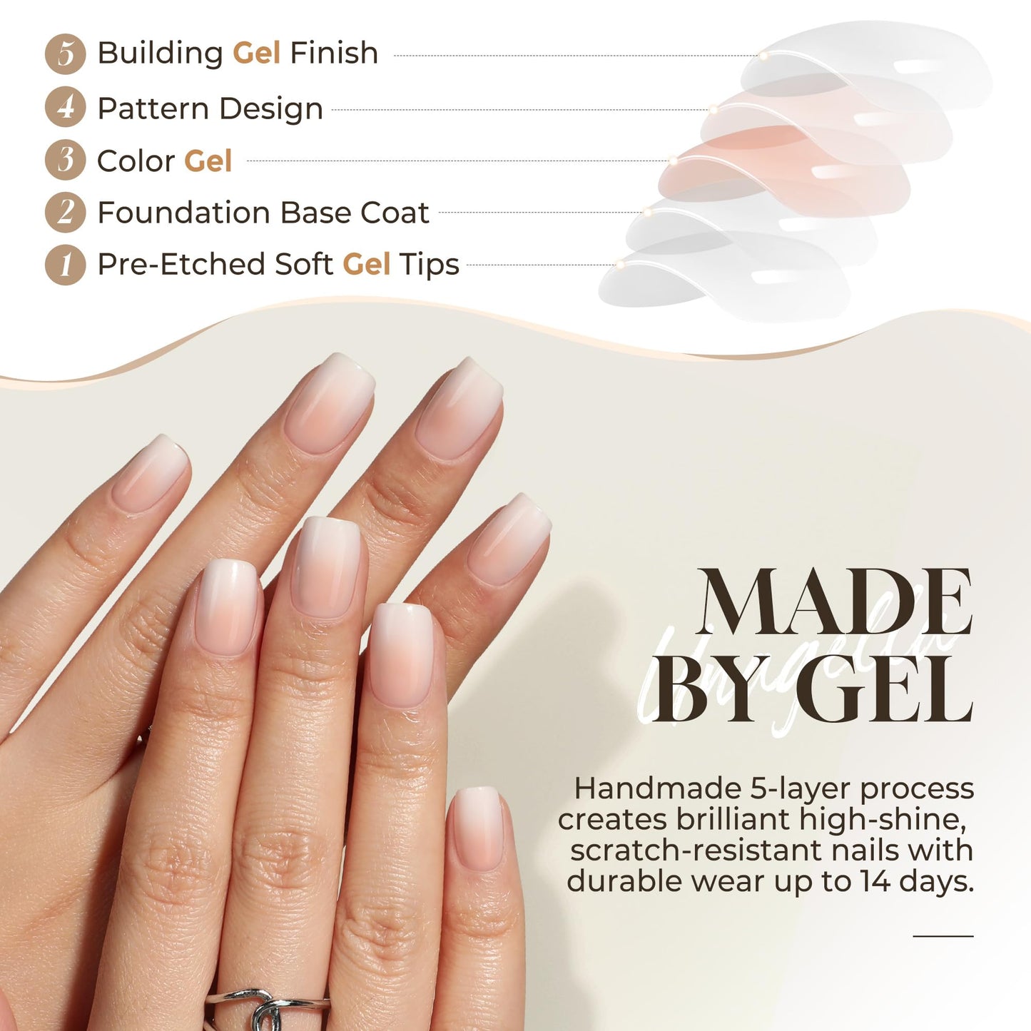 UNA GELLA Press On Nails Short Square : Ombre Soft Gel Press Ons Kit with Nail Glue Adhesive Tabs Nail File, 16 Sizes - 32Pcs Reusable Fake Nails, Nude Cream, Women Gift