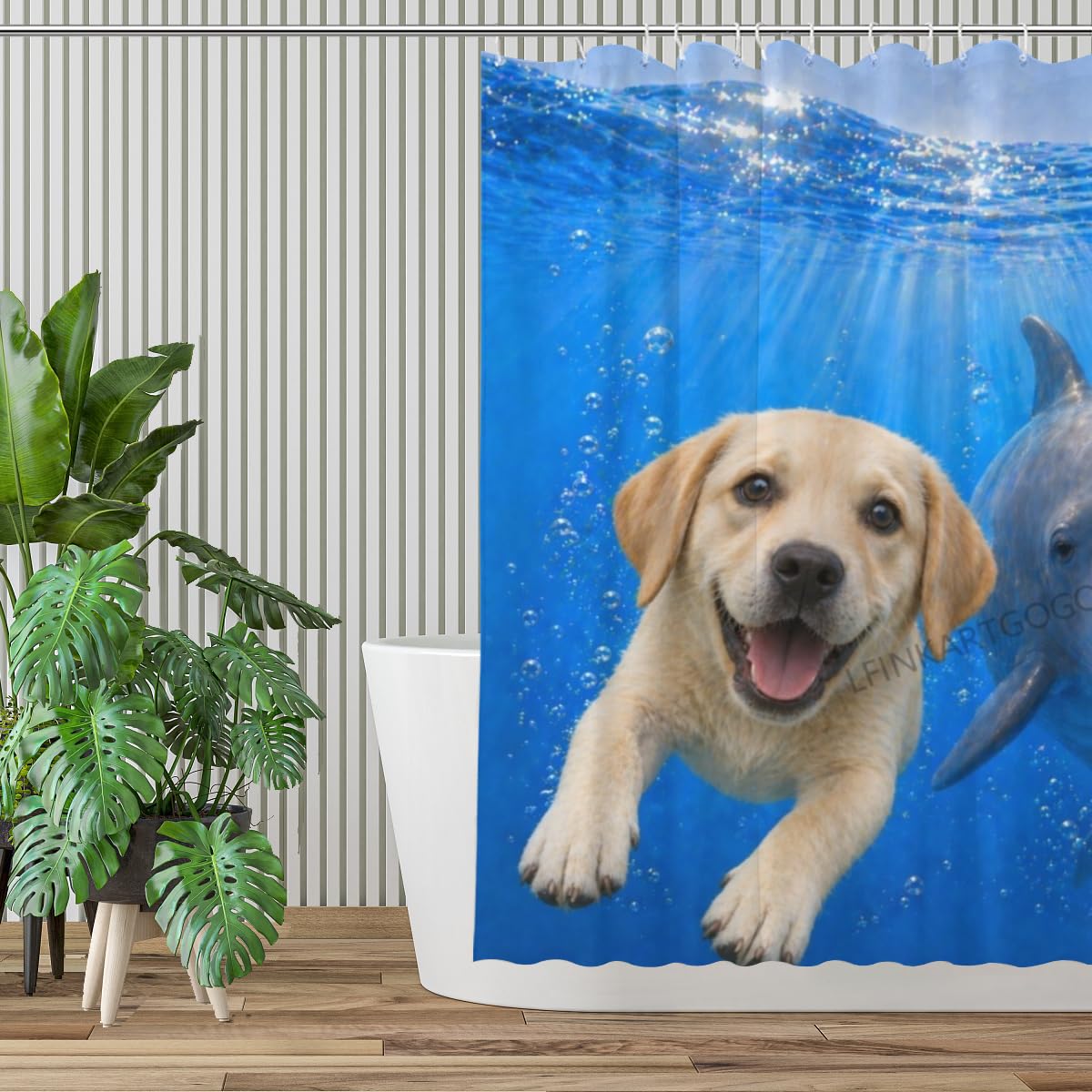 LFINKARTGOGO Ocean Labrador Retriever Shower Curtain 72x72 with 12 Hooks Underwater Animal Dolphin Waterproof Washable Polyester Bath Curtain for Home Hotel Decor