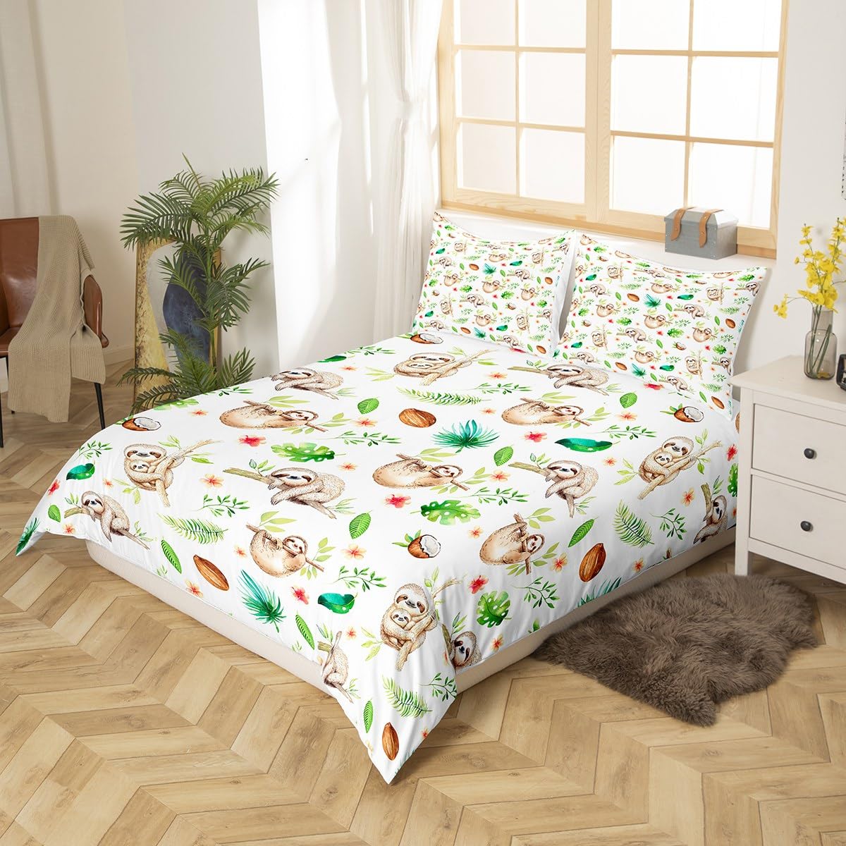 Homewish Sloth Duvet Cover Set Cartoon Sloth Tree Leaf Print Bedding Set 3pcs for Kids Boys Girls Animal Theme Comforter Cover Soft Polyester Quilt Cover with 2 Pillow Cases (No Comforter) King Size
