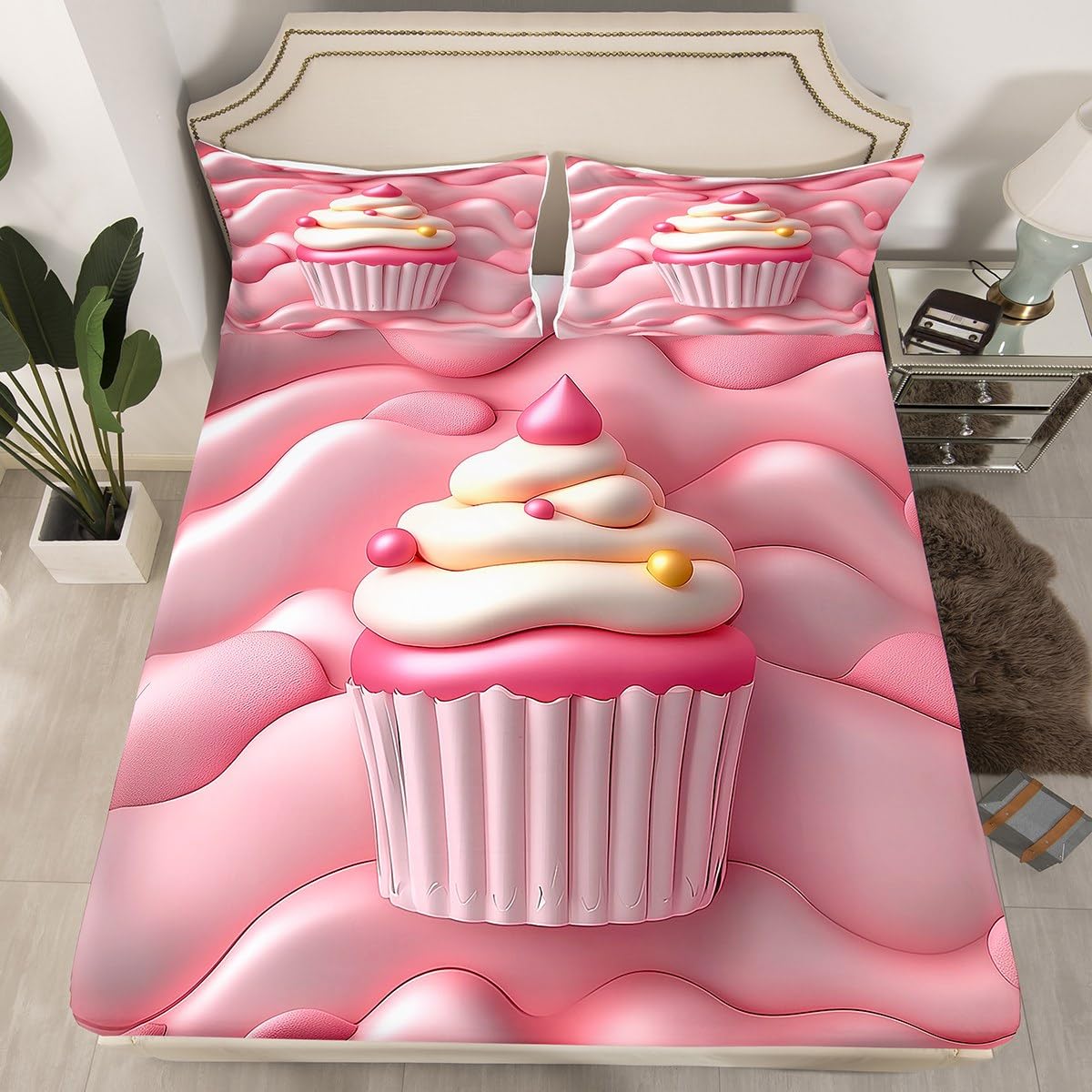 Erosebridal Cute Cake Bed Sheets Set Full for Girls,Lovely Dessert Flat Fitted Sheet Kawaii Decor, Pink Girly Bed Set for Kids Adult, Soft Microfiber Bedding Sets for Bedroom, 2 Pillow Cases