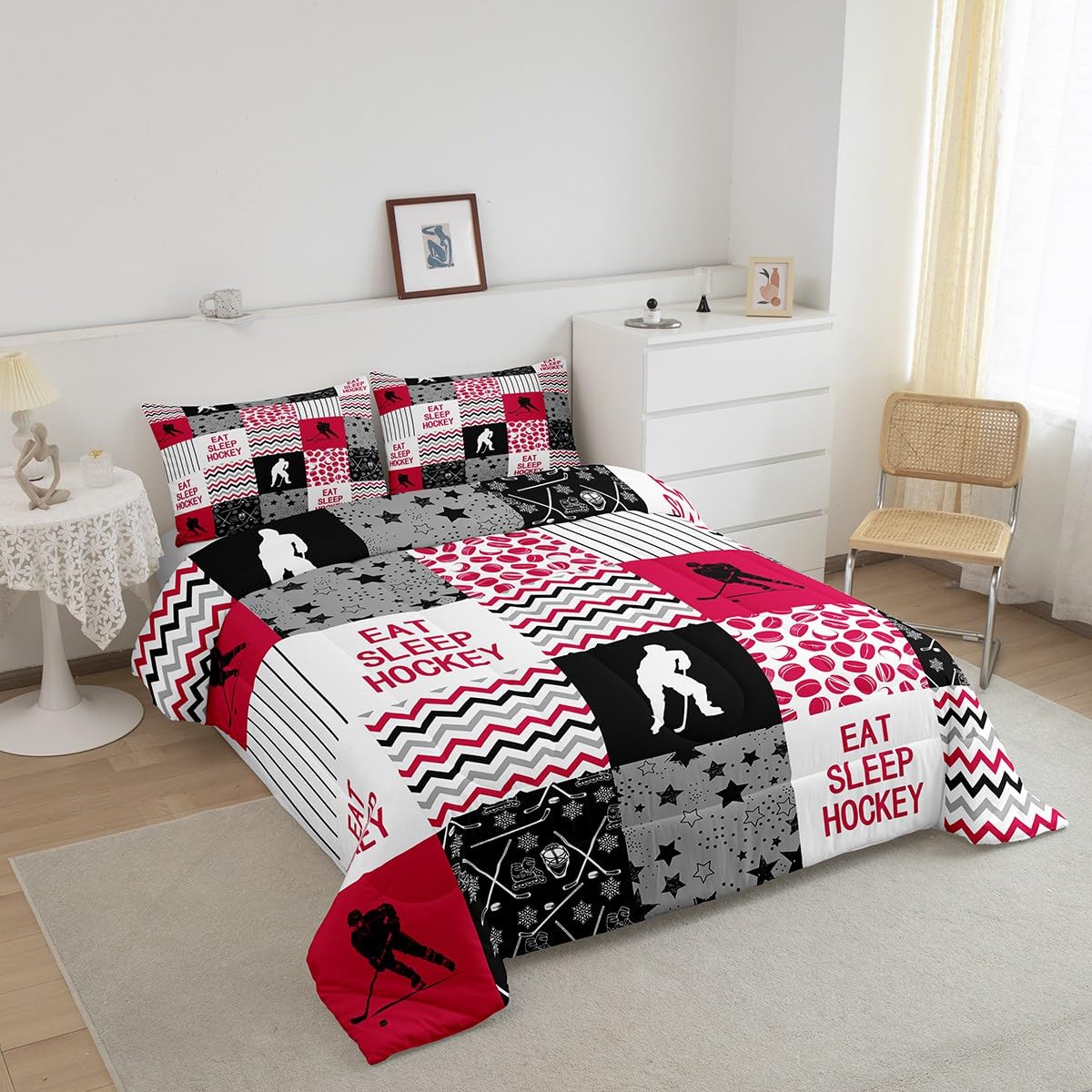 Erosebridal Ice Hockey Down Comforter, Hockey Player Comforter Set Full for Teens Kids Boys Men, Geometric Plaid Grid Bedding Set Sports Games Duvet Sets with 2 Pillow Cases, Black White and Red