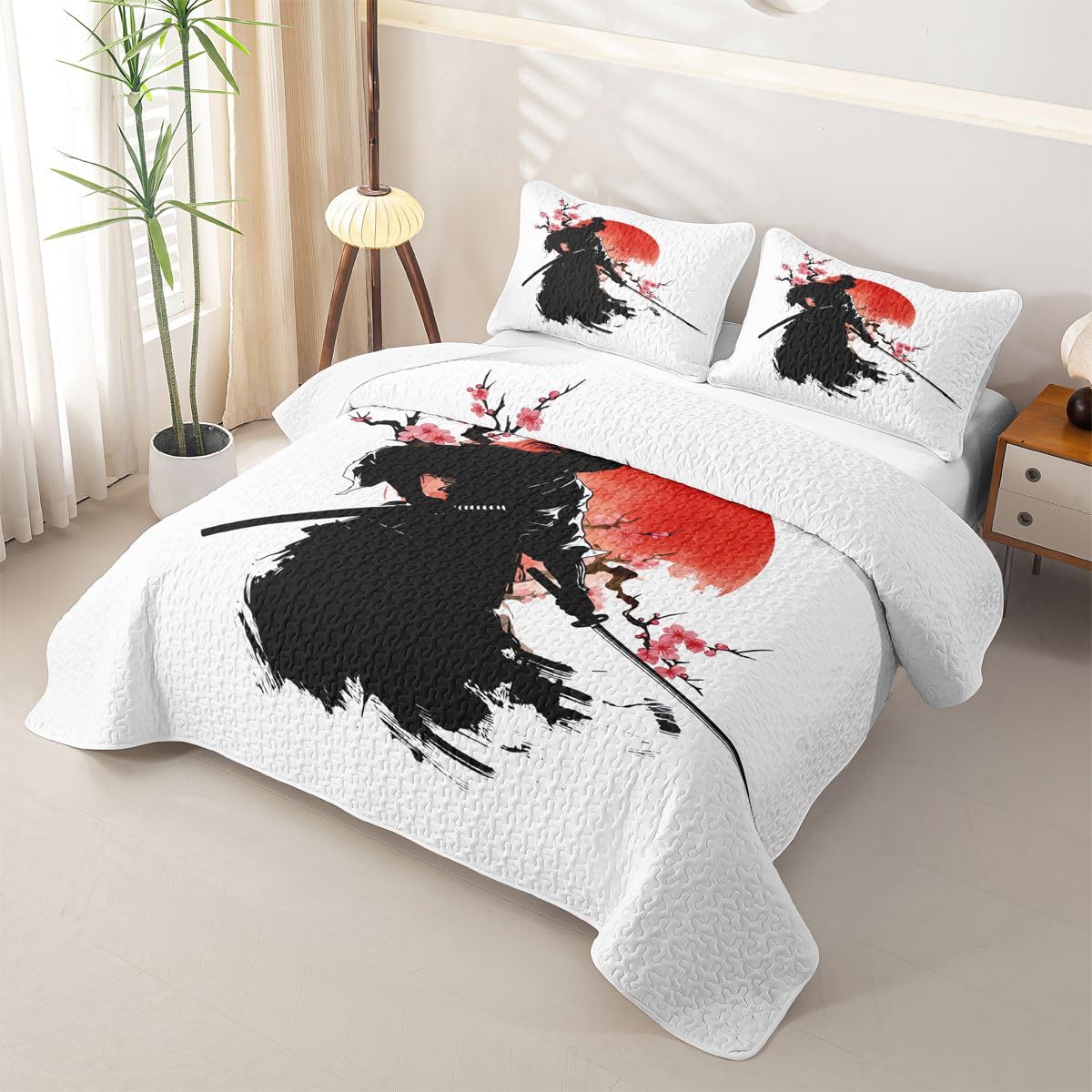 Erosebridal Samurai Quilts Twin Size - Japan Warrior Bedspread Coverlet Set, Red Sun Quilt Coverlets 2Pcs (Only 1 Pillowcase)