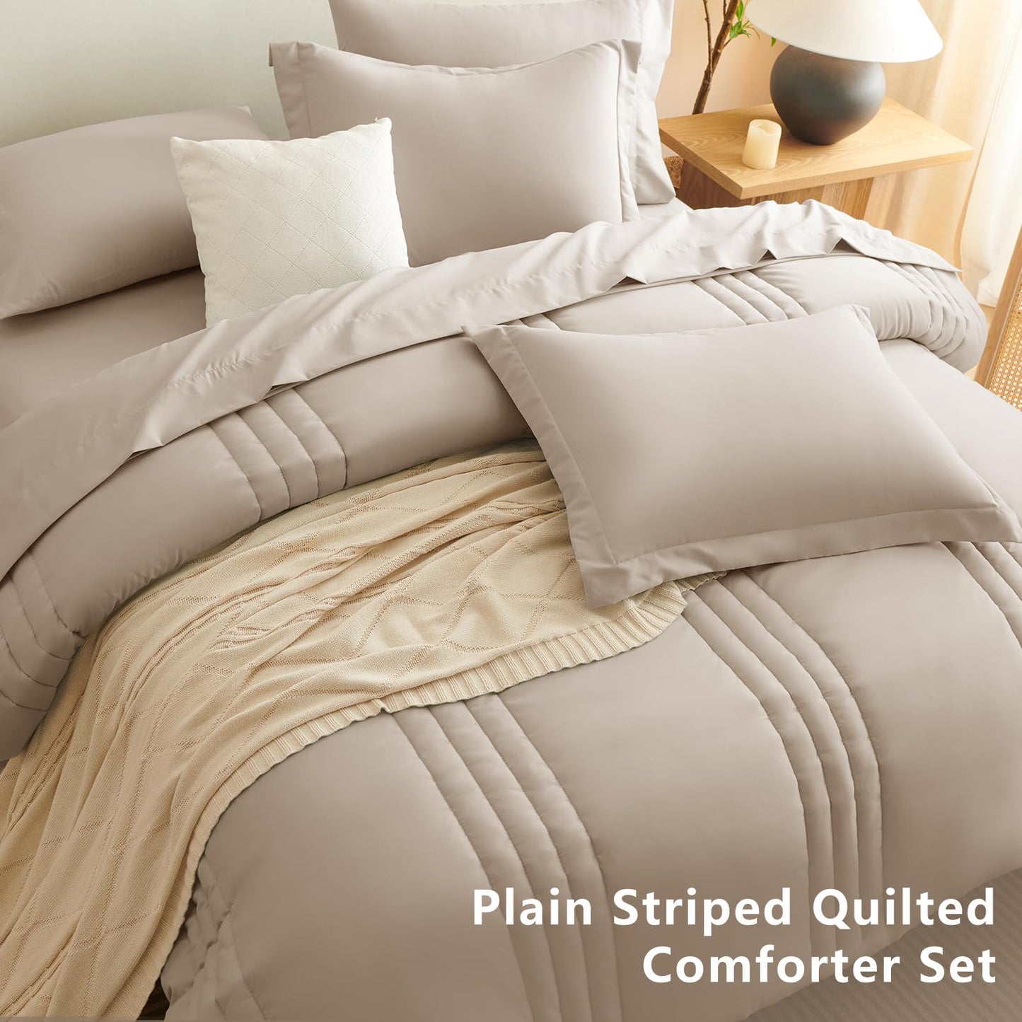 CozyLux King Size Comforter Set Wheat - 7 Pieces Bed in a Bag, Modern Vertical Quilted Room Decor, Soft All-Season Bedding Gift with Comforter, Sheets, Pillowcases & Shams
