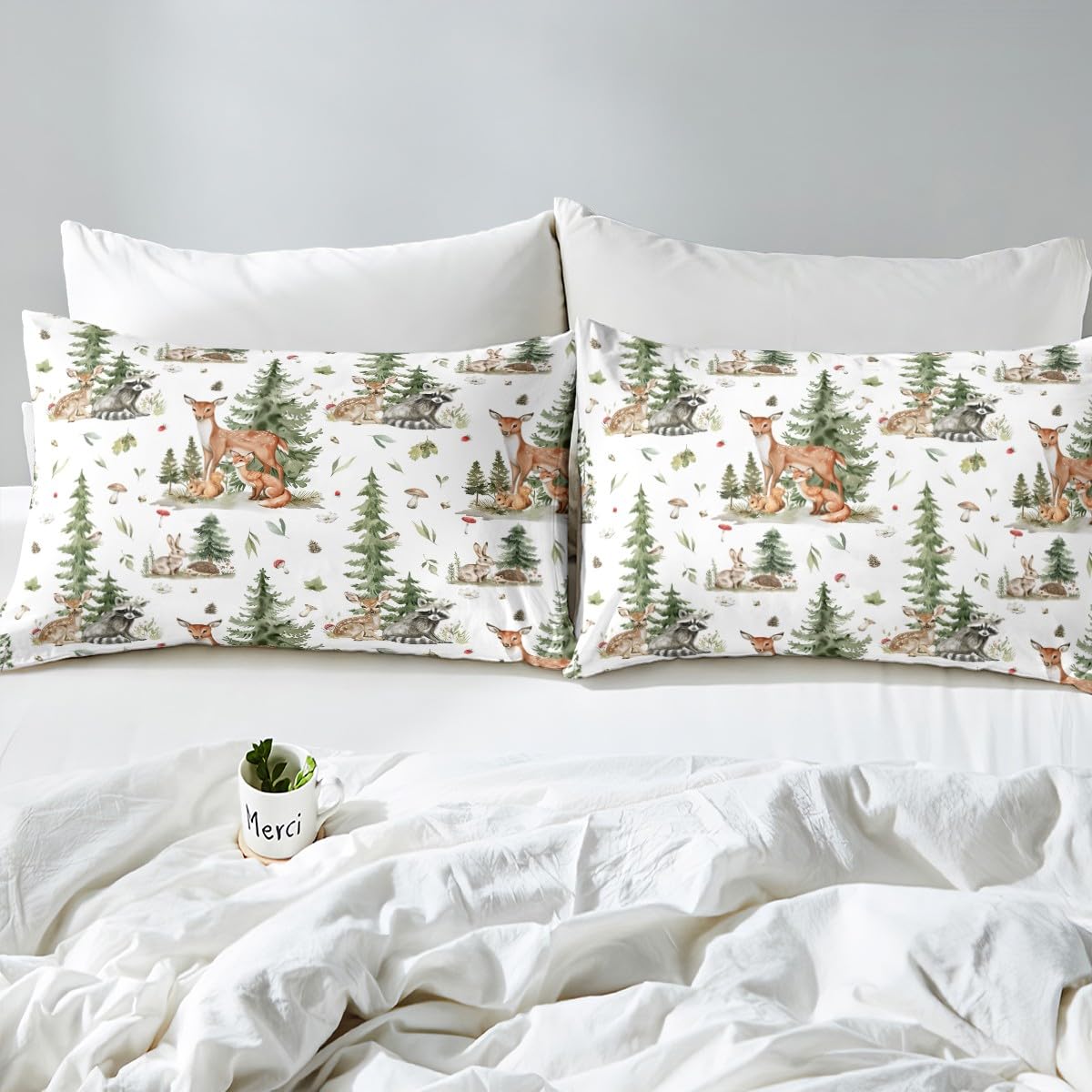 Cute Deer Fox Kids Fitted Sheet Queen Size,Mushroom Pine Trees Rustic Farmhouse Bedding Set,Boys Girls Adults Room Decor,Cartoon Rabbits Hedgehogs Bed Cover,Bright Bed Sheet,2 Pillowcases