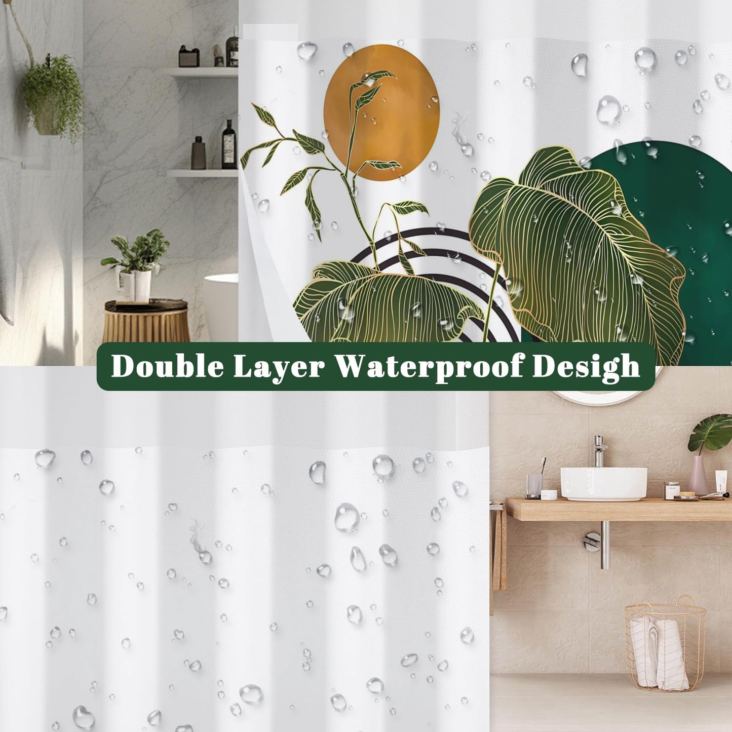 Xiazhilaio Abstract Monstera Leaf Shower Curtain No Hooks with Liner - 71″W x 74″L Waterproof Fabric with Mesh Top Window, Boho Sun & Geometric Print Bath Curtain for Modern Tropical Bathroom Decor