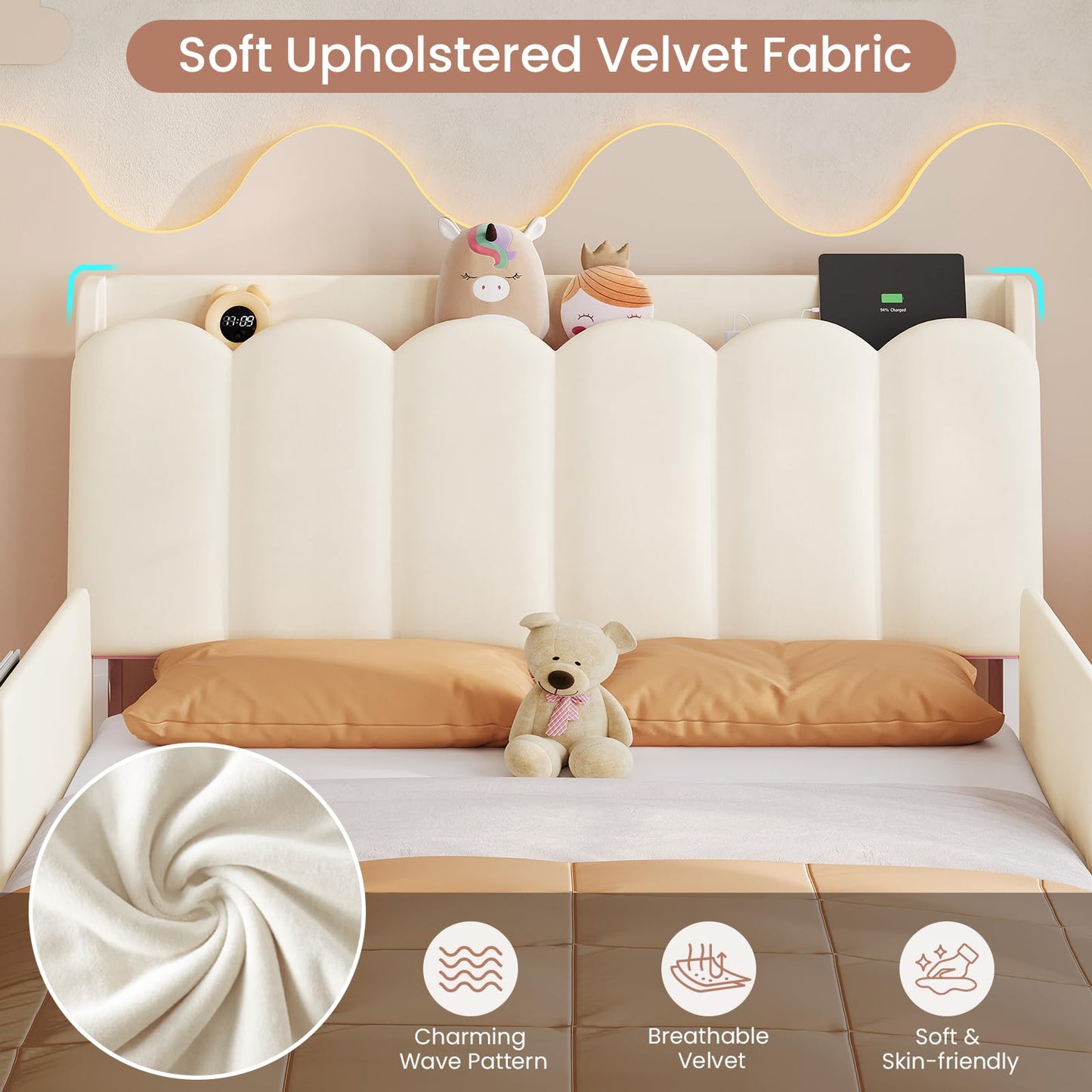 DICTAC Full Size LED Bed Frame with Storage Drawer and Safety Guardrails, Velvet Upholstered Platform Bed for Kids with Chic Wavy Storage Headboard, Charging Station, Heavy Duty Metal Support, Beige