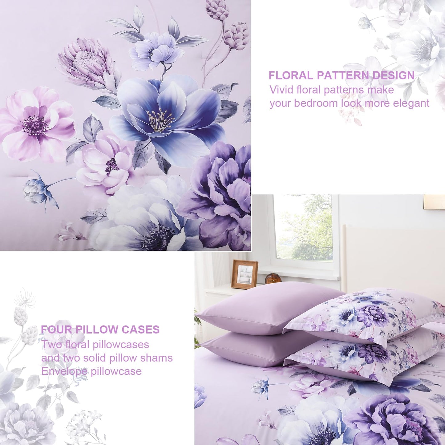 Floral Comforters Queen Size 7 Pieces Botanical Purple Flower Bed in a Bag Ulter Soft Microfiber Bedding Set, Lightweight Bed Comforter Set with Sheets for All Season (Purple, Queen)