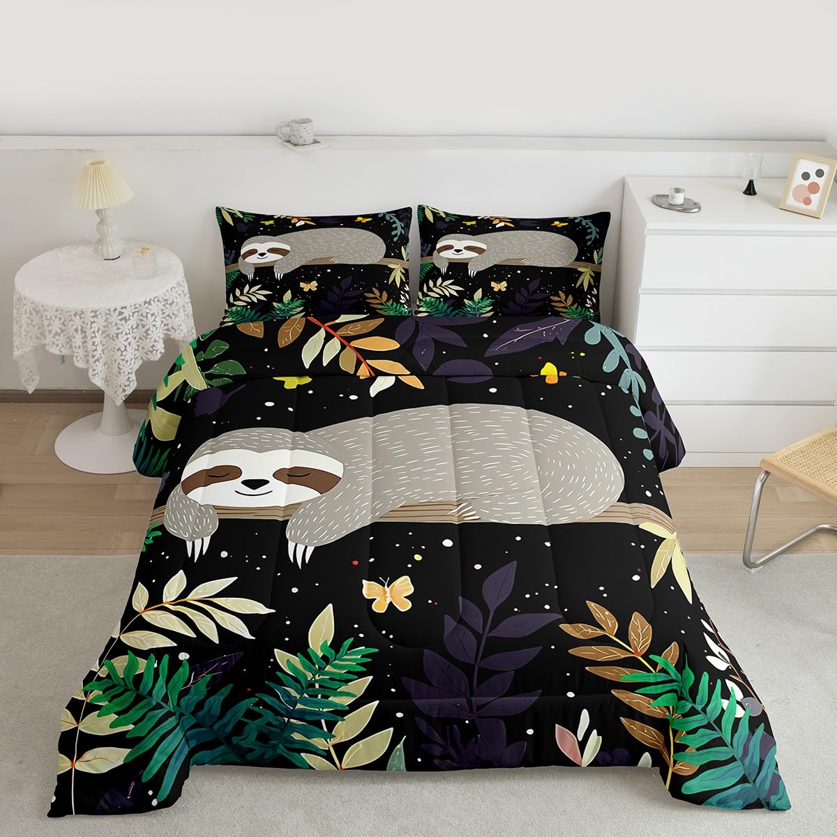 Feelyou Sloth Comforter Cute Sloth Bedding Set for Kids Boys Girls Galaxy Butterfly Comforter Set Botanical Leaves Inner Fill Duvet Set 1 Comforter Set with 2 Pillowcases Queen Size