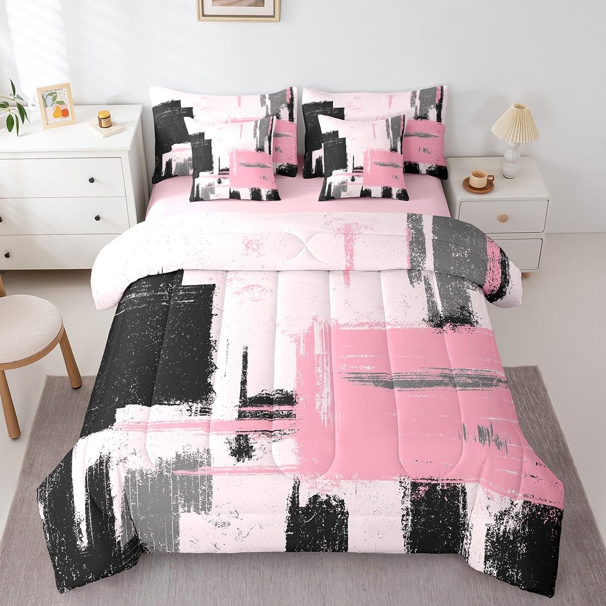 Feelyou Abstract Bed Set Includes Comforter, Sheet Set, Pillowcases & Pillow Covers Modern Abstract Art 7 Piece Bedding Set Children Pink Black Pattern Bedding Set Queen Size