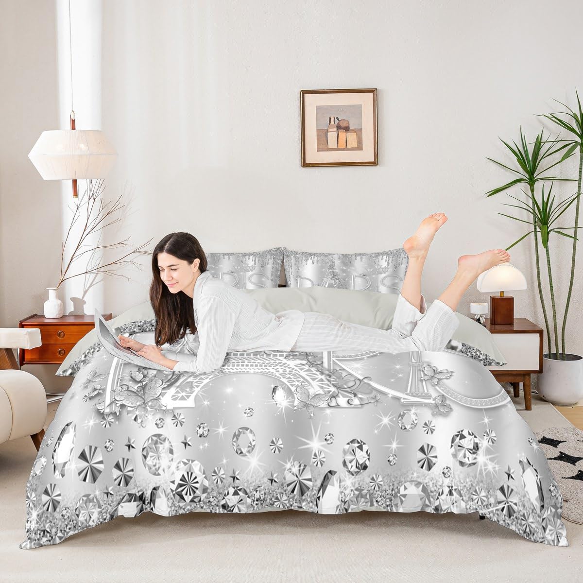 Paris Duvet Cover Set King Size Sliver Glitter Diamond Bedding Set 3pcs for Kids Girls Boys Women Room Decor,Romantic Eiffel Tower Comforter Cover Luxury Pearls and Jewels Quilt Cover,2 Pillowcases