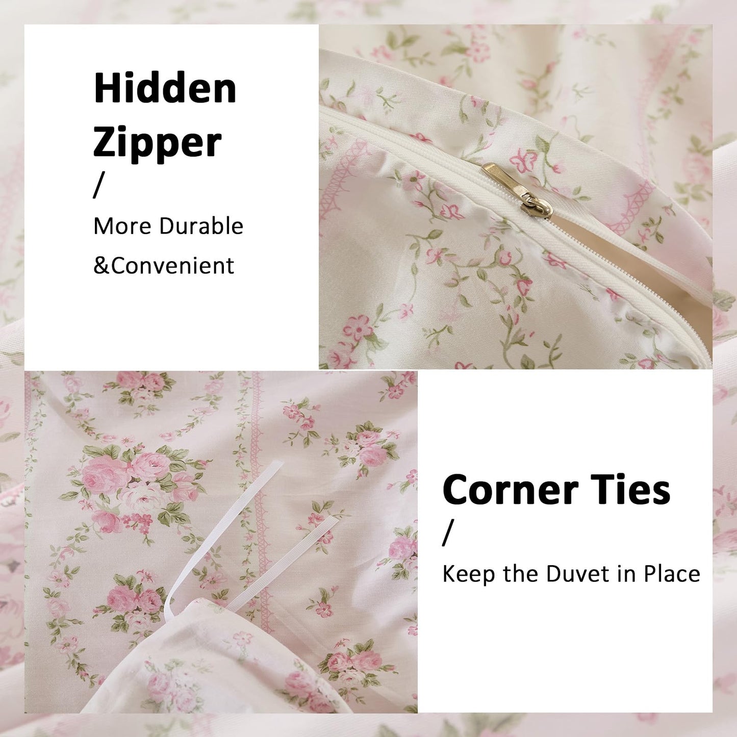 Cozaline Duvet Cover Queen Size - 100% Cotton Reversible Floral Duvet Cover Set with Zipper Closure, 3 Pieces Soft & Breathable Pink Aesthetic Bedding Set