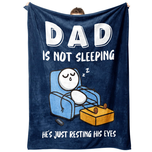 GoMelley Funny Fathers Day Birthday Gift for Dad Husband, Dad is Not Sleeping Blanket, Dads Gifts from Daughter Son, Super Soft Throws Blanket for Couch and Napping, 60" x 50" (Blue)