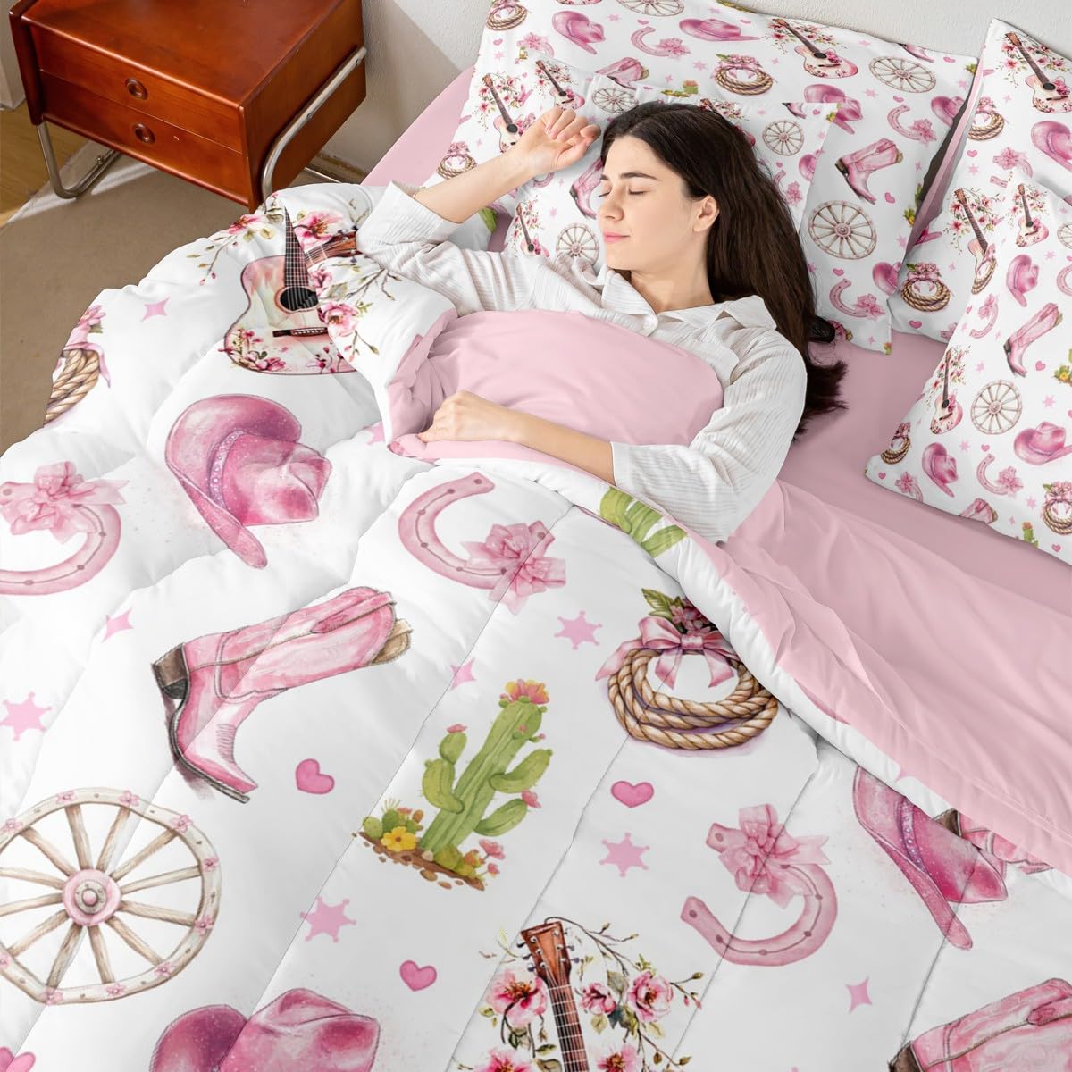 Erosebridal 7Pcs Cute Pink White Western Cowgirl Twin Comforter Set with Sheets Cactus Guitar Bow Bedding for Teen Girl Vintage Western Hat Boot Wildflower Bed in A Bag Preppy Fahion Coquette Bed Sets
