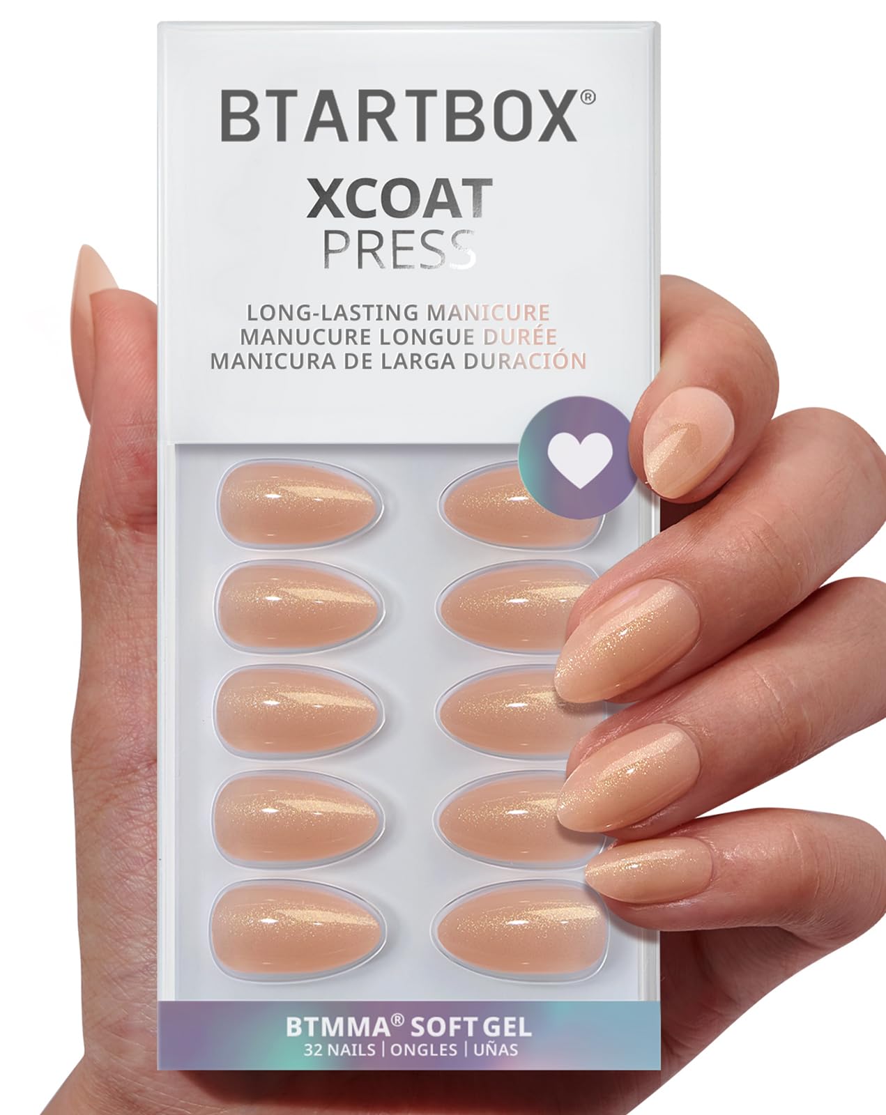 BTArtbox Press On Nails Short - Lamp-Curable Sparkly Almond Press On Nails with Glue for Women, Semi-Transparent Soft Gel Glue On Nails in 16 Sizes - 32 Stick On Nails Kit, Glow Mates