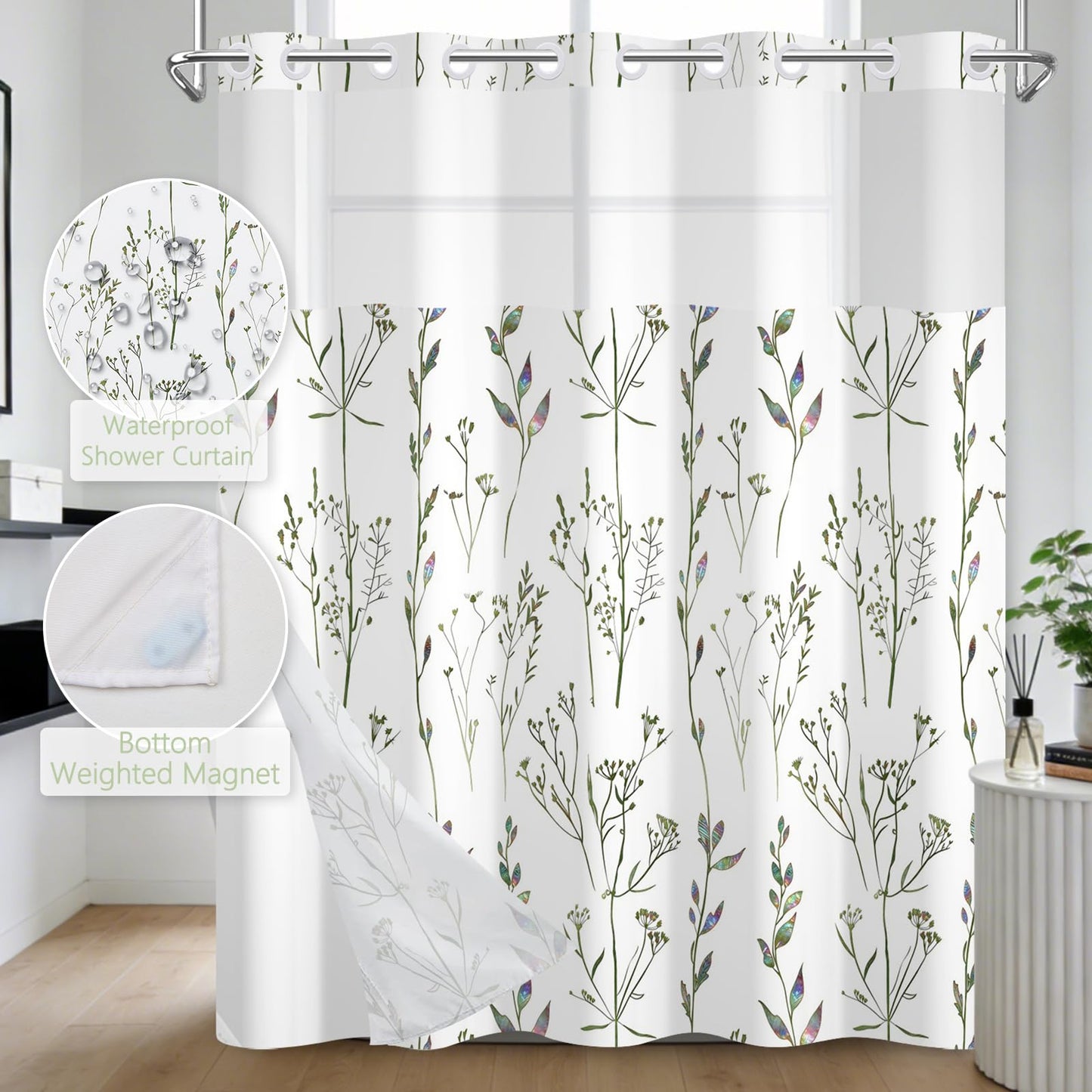 NAEMBCU Fresh Botanical Shower Curtain with Snap in Liner Waterproof