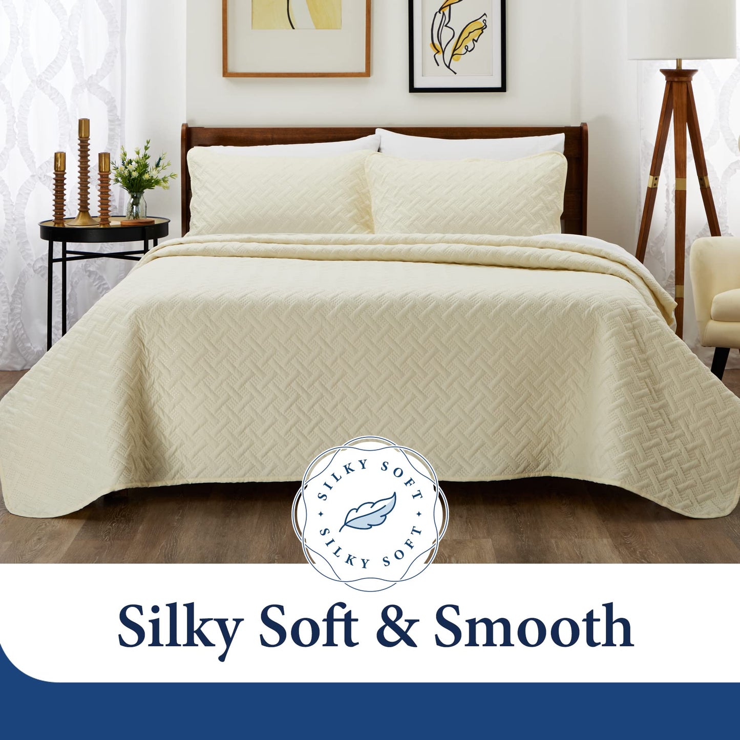 Cosy House Collection Luxury Rayon Derived from Bamboo 3-Piece Quilt Set - Ultra Soft Quilted Coverlet Bedspread - Classic Weave Stitch - Includes Quilt and 2 Pillow Shams (Full/Queen, Cream)