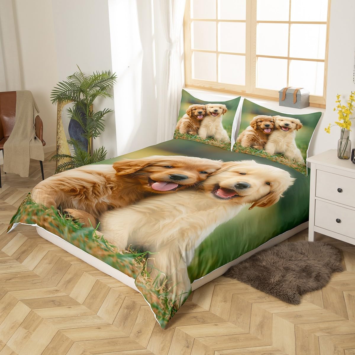 Homewish Cute Golden Retriever Bedding Set for Kids Teens Green Grass Decor Comforter Cover (No Comforter) Soft Polyester Duvet Cover Set (1 Duvet Cover + 2 Pillow Cases) Full Size
