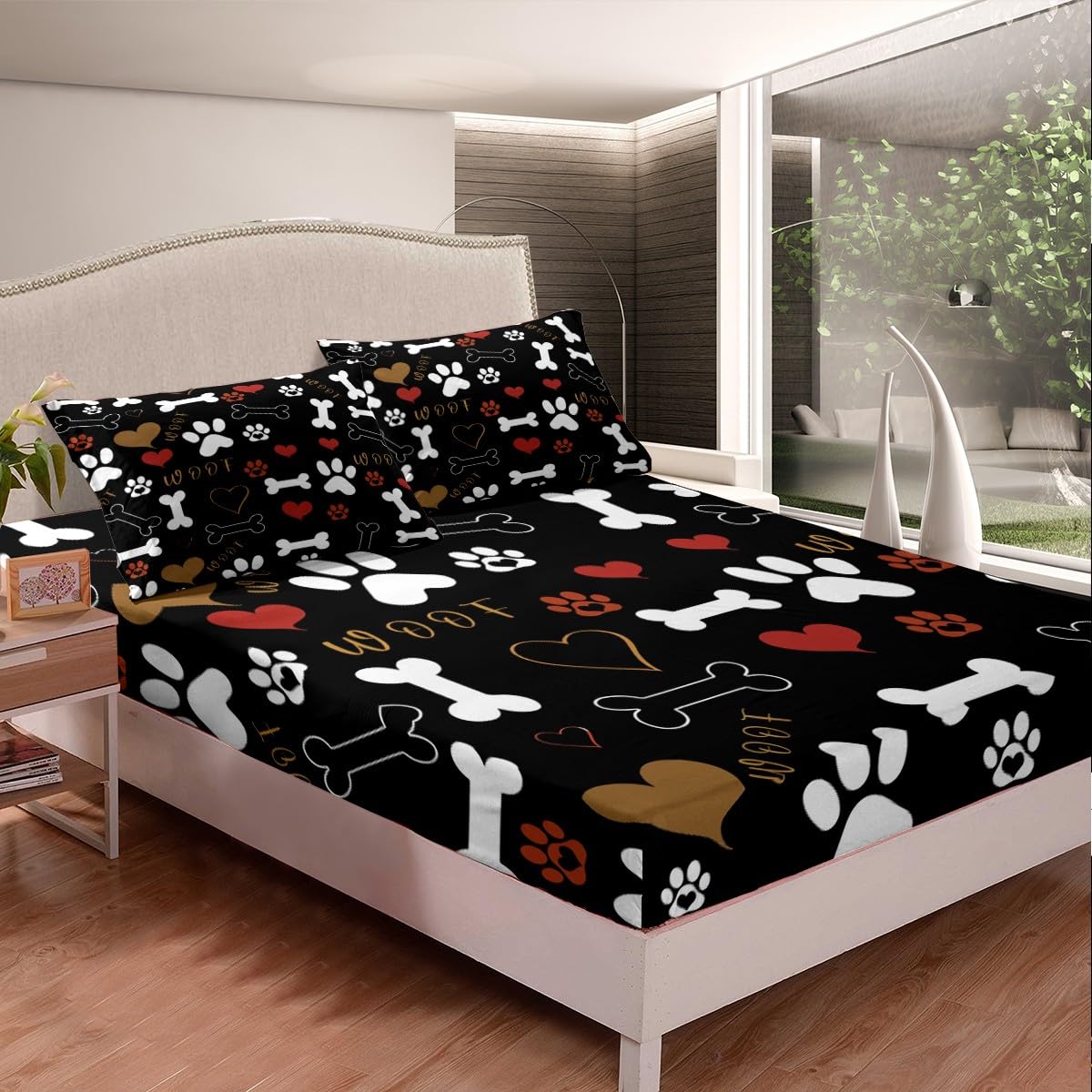 Erosebridal Dog Paw Print Sheet Set Queen Size for Kids Boys Girls,Lovely Animal Theme Bed Sheets White Bone Pattern Fitted Sheet Red Heart Flat Sheet Soft Luxury,Black Home Room Decor 4Pcs