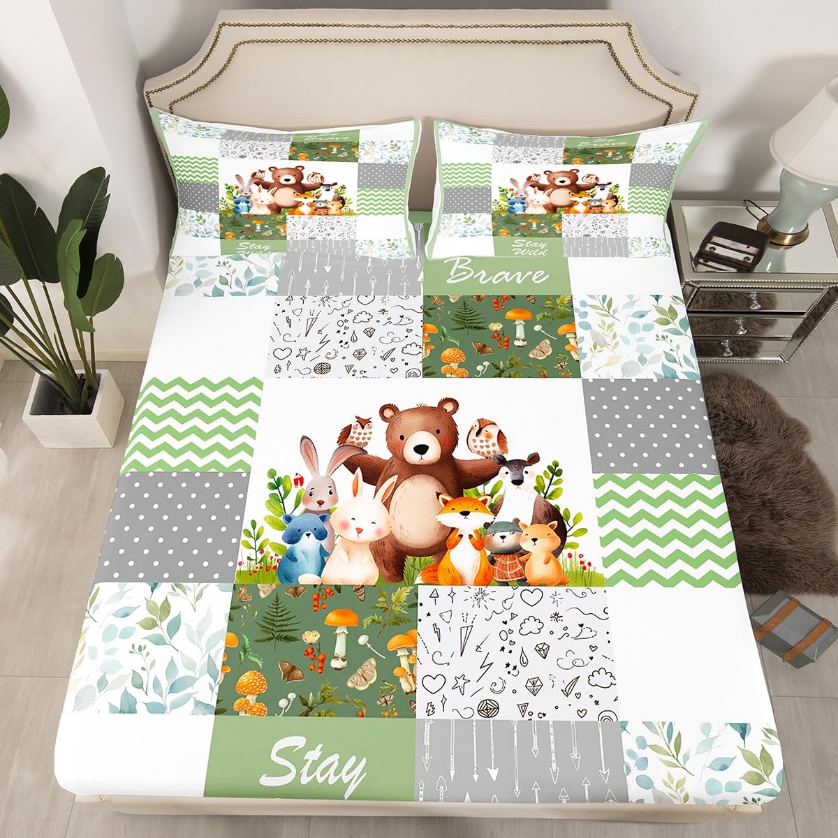 Cartoon Animals Kids Fitted Sheet Queen Size,Cute Bear Fox Deer Mushroom Bedding Set,Boys Girls Adults Room Decor,Geometric Plaids Stripes Bed Cover,Arrows Boho Bed Sheet,2 Pillowcases