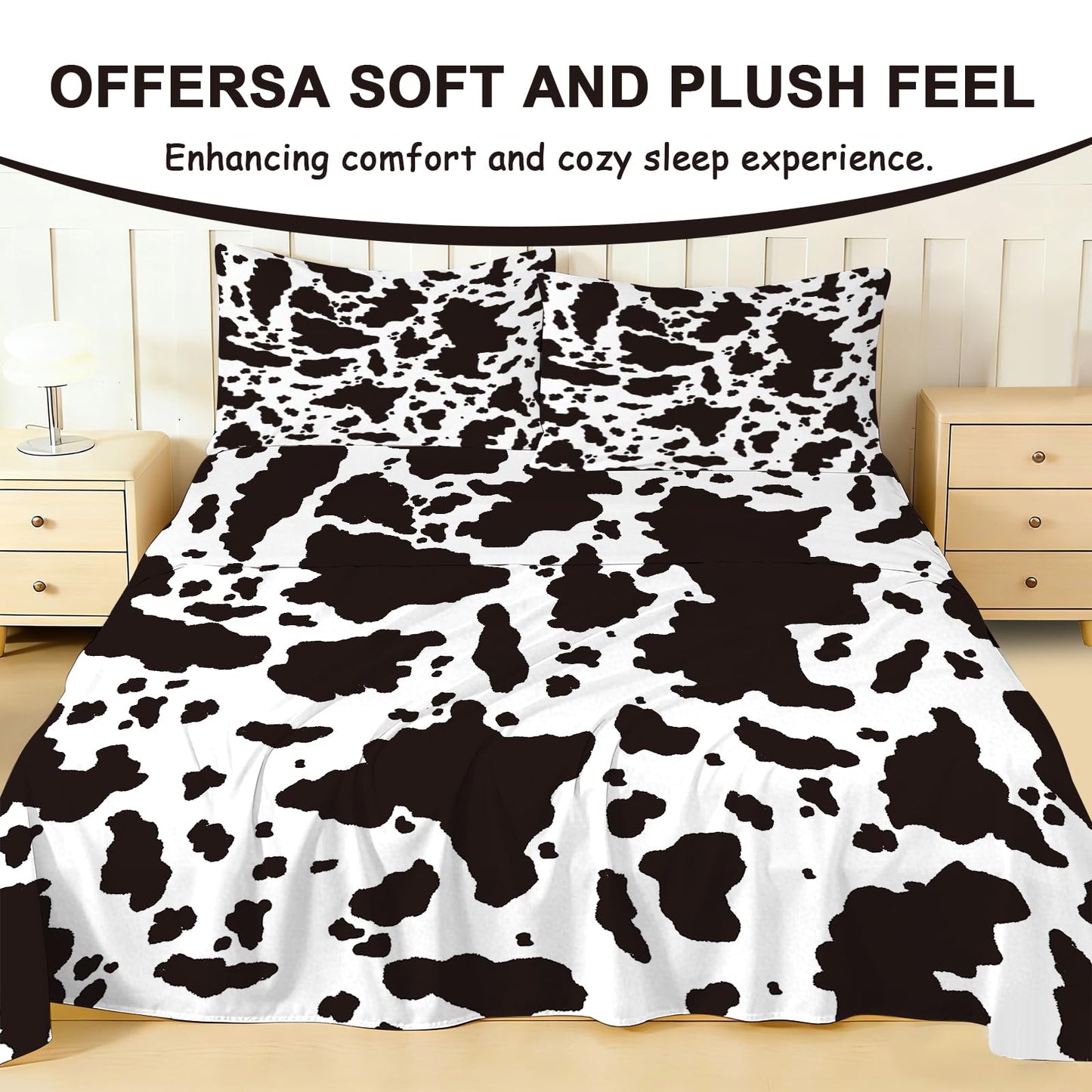 VTKON Cow Print Fitted Sheet Set Farmhouse Bed Set Twin for Boys and Grils, Cottage Milk Sheets Set with Deep Pocket, Cute Cow Bed Set with 1 Flat Sheet, 1 Fitted Sheet and 1 Pillowcase