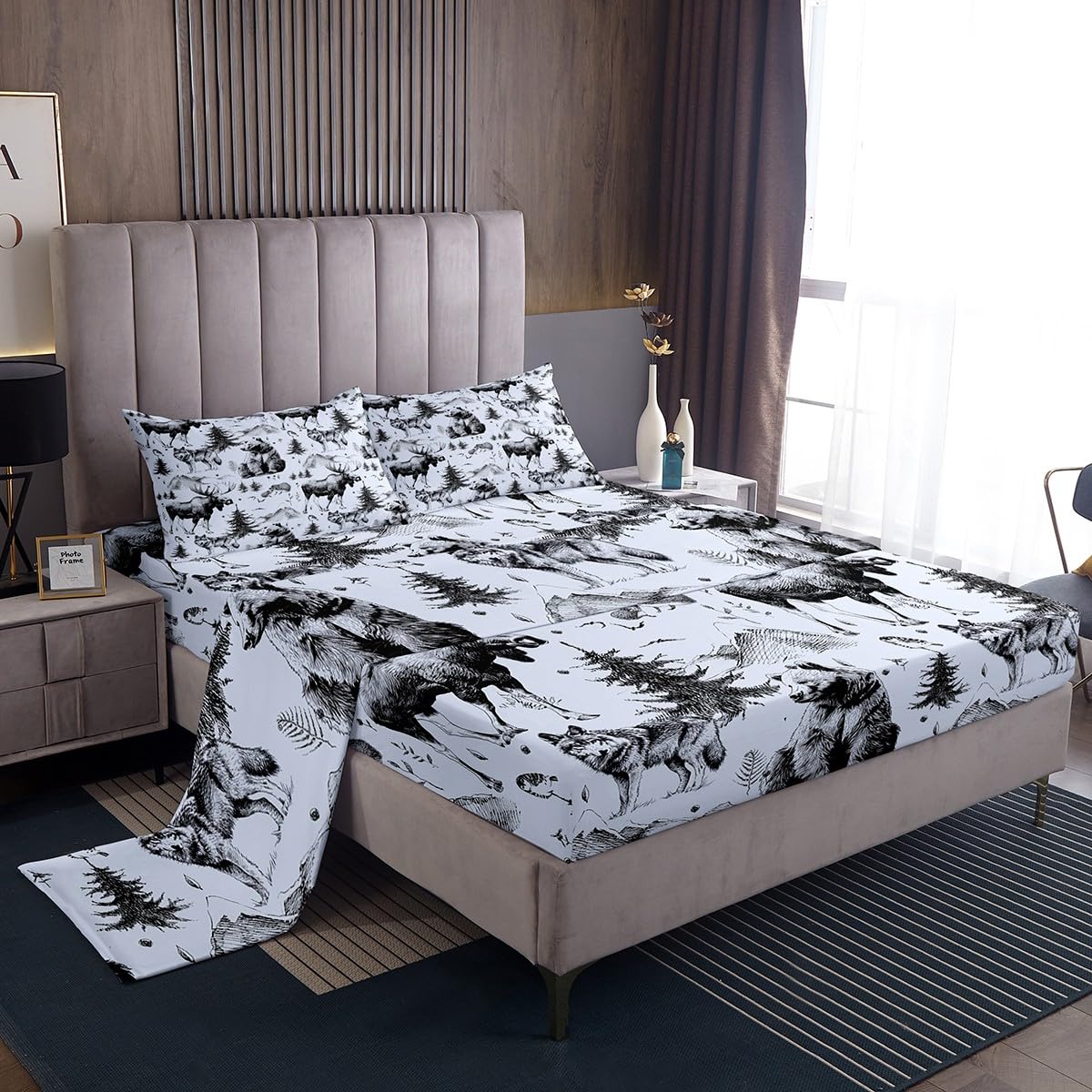 Bear Bed Sheets for Rustic Cabin,Grey Deer Moose Wolf Mountain Sheet Set Full,Farmhouse Pine Tree Woodland Bedding Set Bedroom Decor,Retro Hunting Wild Animal Fitted Sheet + Flat Sheet + 2 Pillowcases