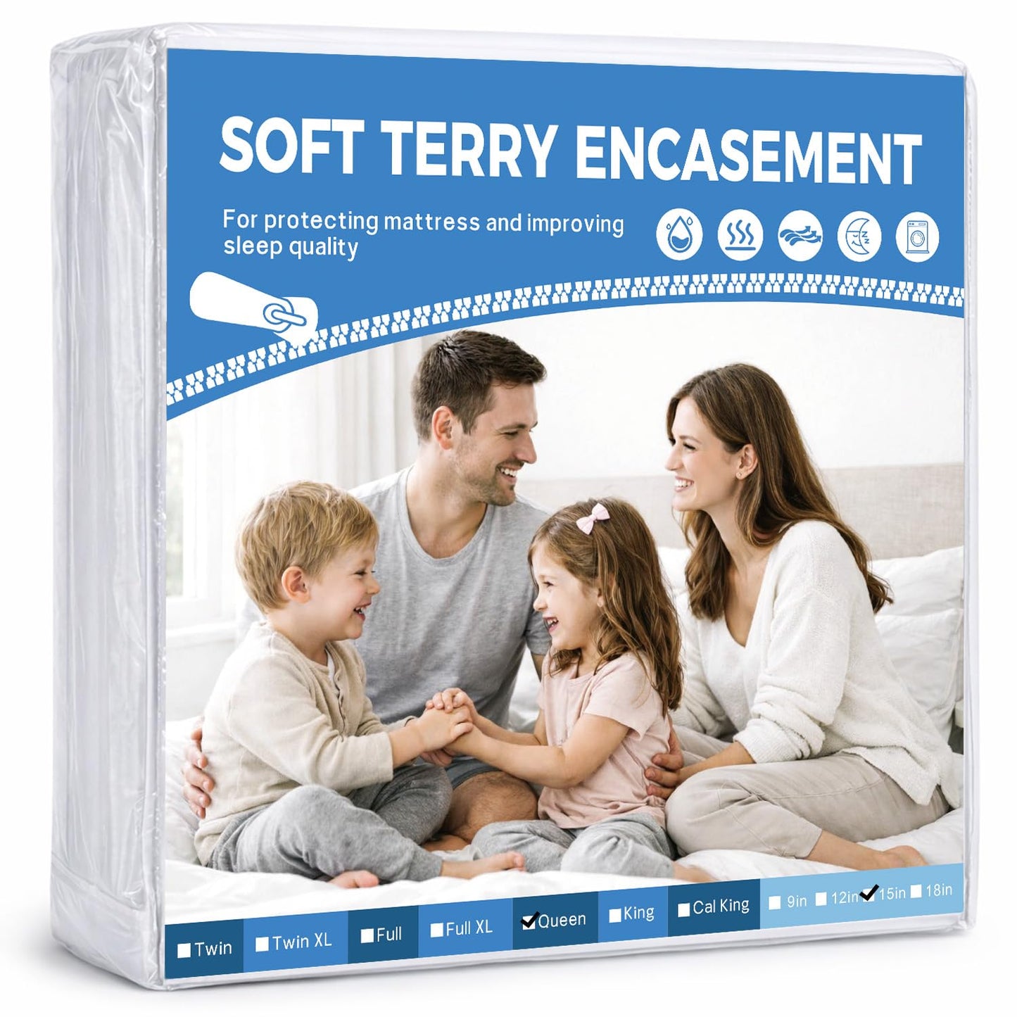 HUPPER Queen Mattress Protector Zippered (12/13/14/15Inchs), Terry Cloth Mattress Encasement, 6-Side Waterproof Mattress Cover, Micro Zipper, Noiseless, for Queen Mattress 60 * 80