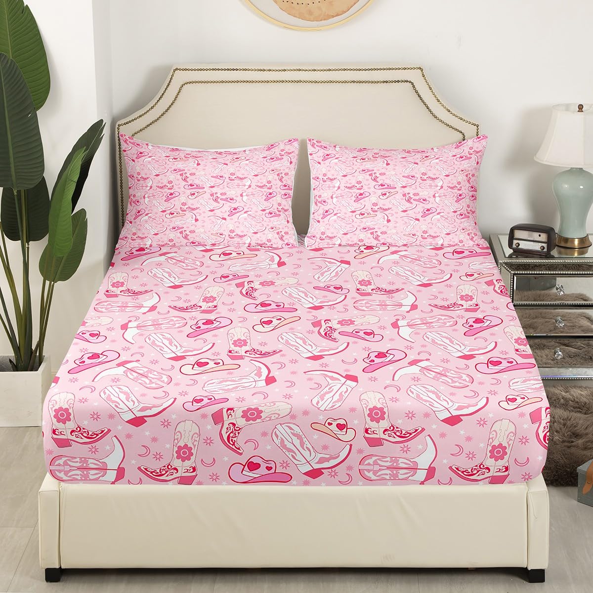 Feelyou Weatern Decor Sheet Set Boys Girls Pink Howday Sheets with Deep Pocket Fitted Sheet Queen Size Riding Boots Bed Sheets Set Farmhouse Cowboy Hat Bedding Set Wild Western Cowboy Bed Set 4Pcs