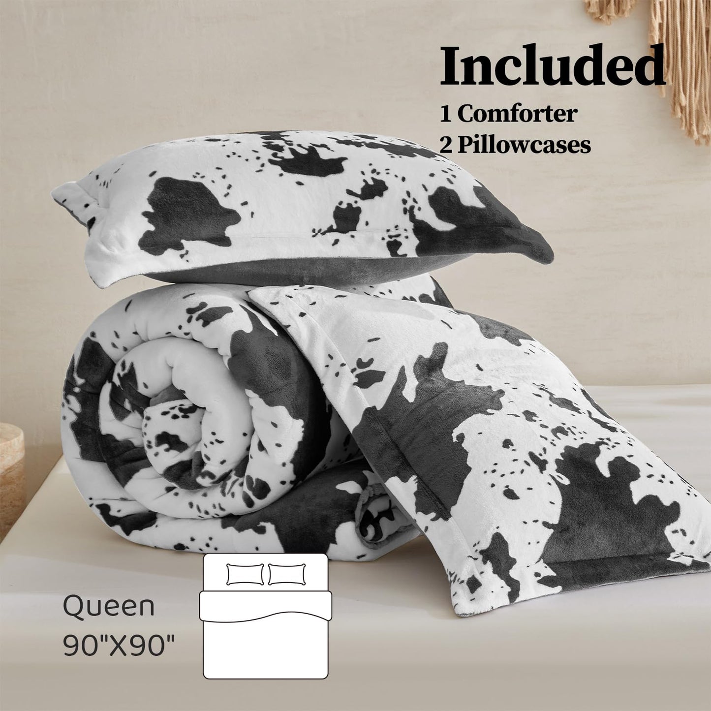 Petrichor Velvet Flannel Queen Comforter Set-Cow Print Western Style Blanket,Luxury Fuzzy Heavy Bedding Set, 3 Pieces Plush Winter Bed Set with Comforter (90"x90") & 2 Pillow Shams (20"x26")