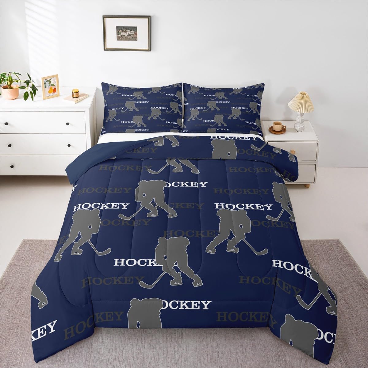 Manfei Hockey Players Kids Comforter Set Queen Size, Bedding Set,Girls Boys Room Decor,Competitive Games Teamwork Quilt Comforter,Dark Blue Gray Duvet Set Bedroom Quilt Set,2 Pillowcases