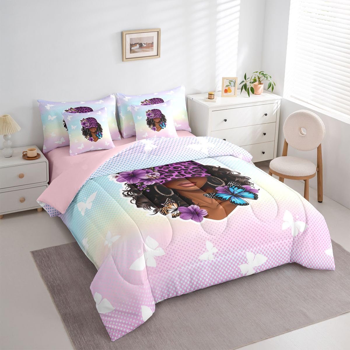 Erosebridal Y2K Black Girl Magic Twin Size Bedding Set Aesthetic Floral Butterfly 7 Pieces Comforter Set with Sheets for Women Purple Leopard Print Hat Bed in a Bag Pastel Gradient Polka Dot Bed Sets