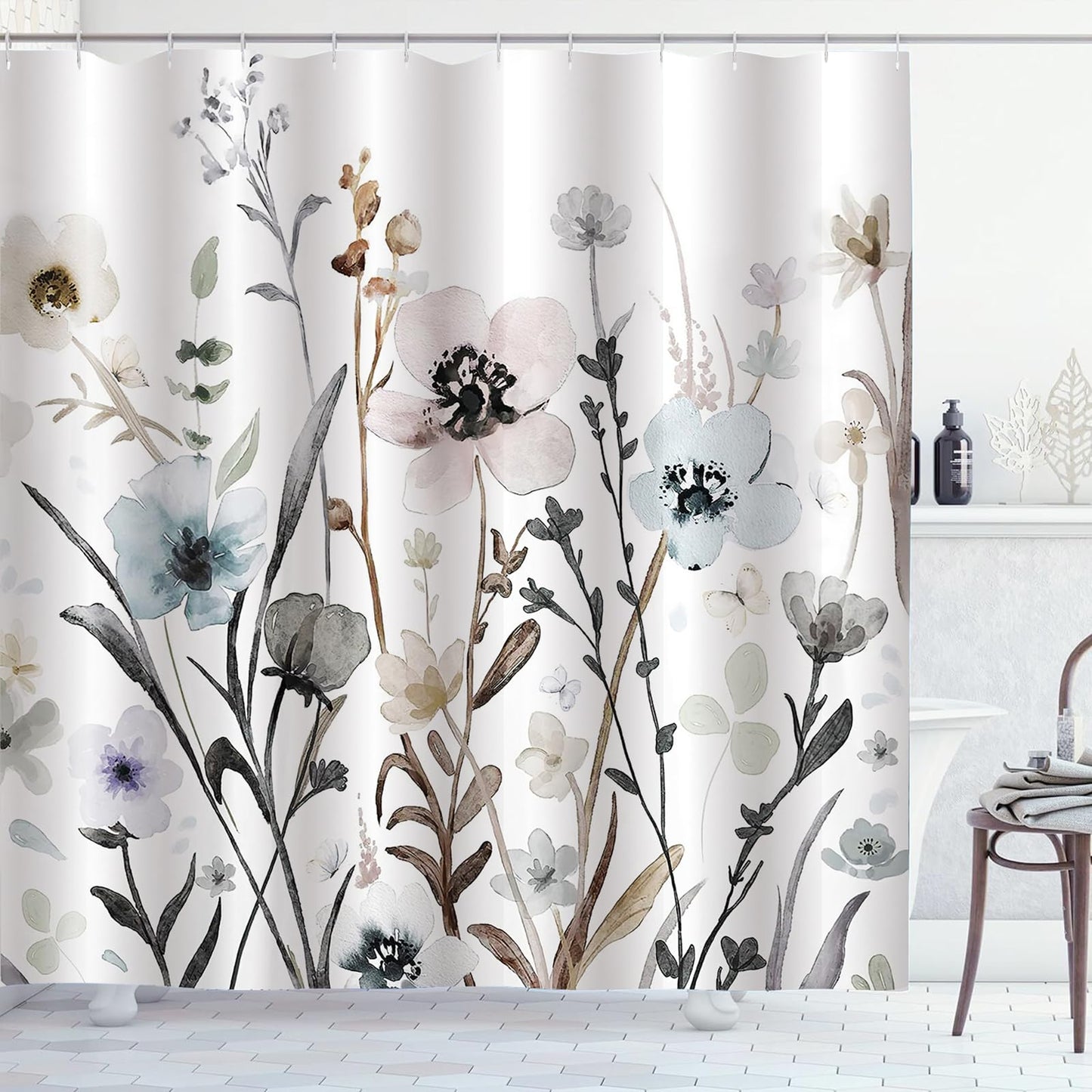 ZCHOMI Grey Pink Blue Floral Shower Curtain Watercolor Flower Shower Curtains for Bathroom Waterproof Polyester Fabric Bathroom Curtain 72 x 72 Inch with 12 Plastic Hook
