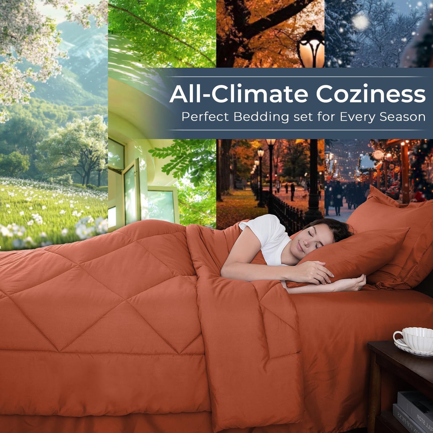 HEVUMYI Burnt Orange Queen Comforter Set - 7-Piece All Season Bed in a Bag Queen, Ultra Soft Bedding Set with Comforter, Flat Sheet, Fitted Sheet, Pillowcases, Pillow Shams