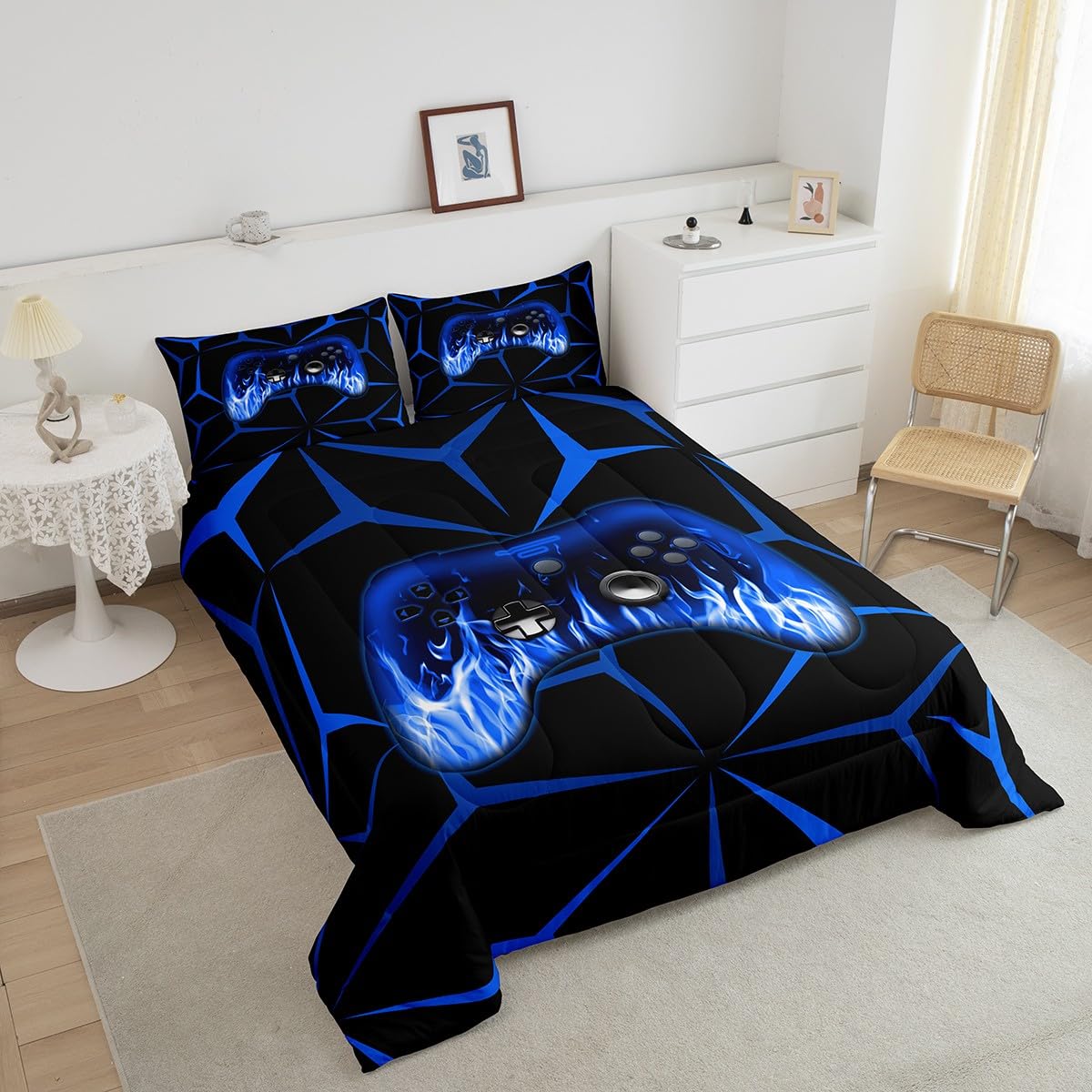 Feelyou Kids Gamer Comforter Set,Gaming Bedding Set Queen Size for Boys Girls,3D Geometric Video Game Console Comforter,Blue and Black Game Contoller Bed Set for All Season