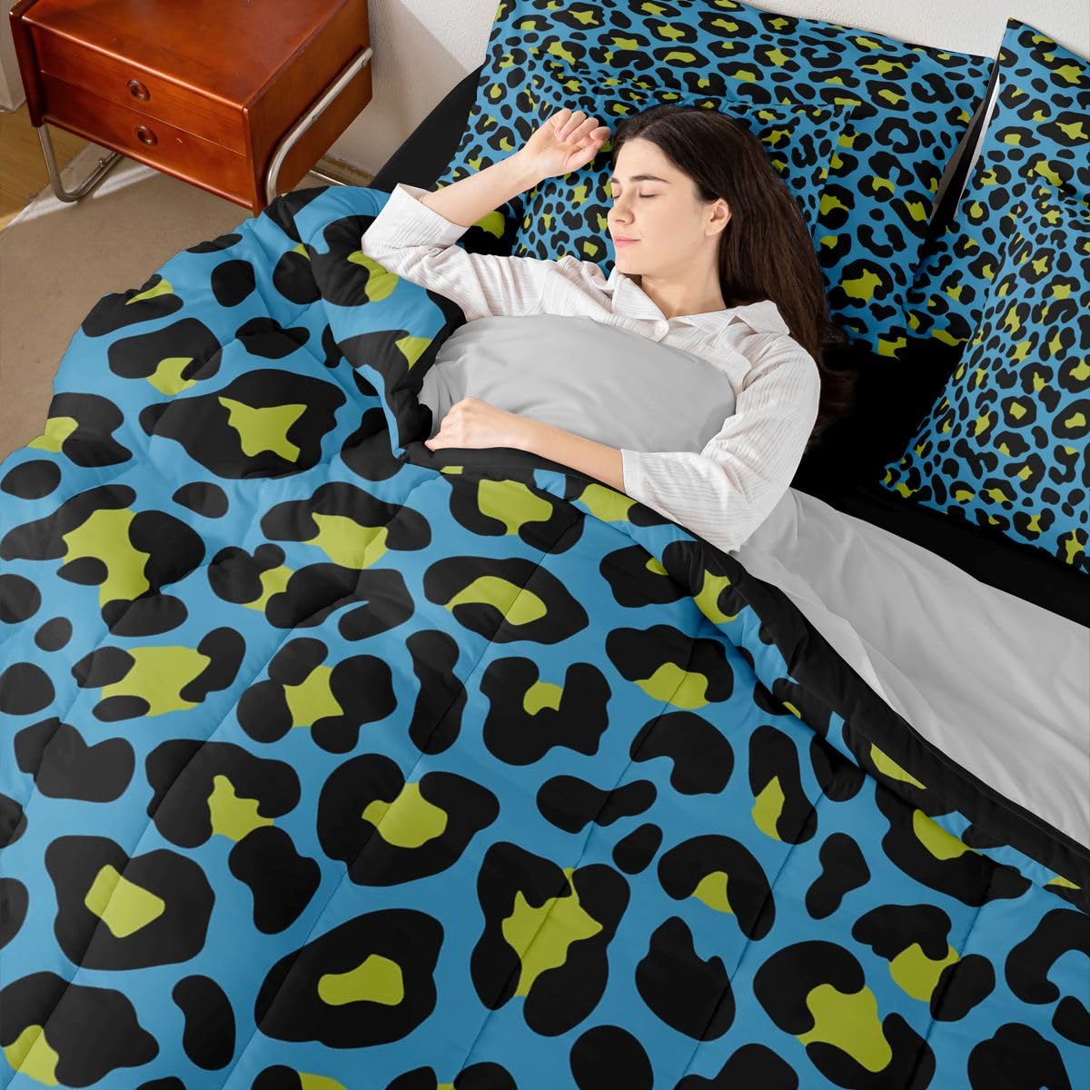 Erosebridal Leopard Print 7-Piece Boys Comforter Set King Size Western Cheetah Bedding Set Blue Leopard Decor Bed in A Bag African Safari Animal Sheets for Kids Teens Adult Men Bedroom Decor