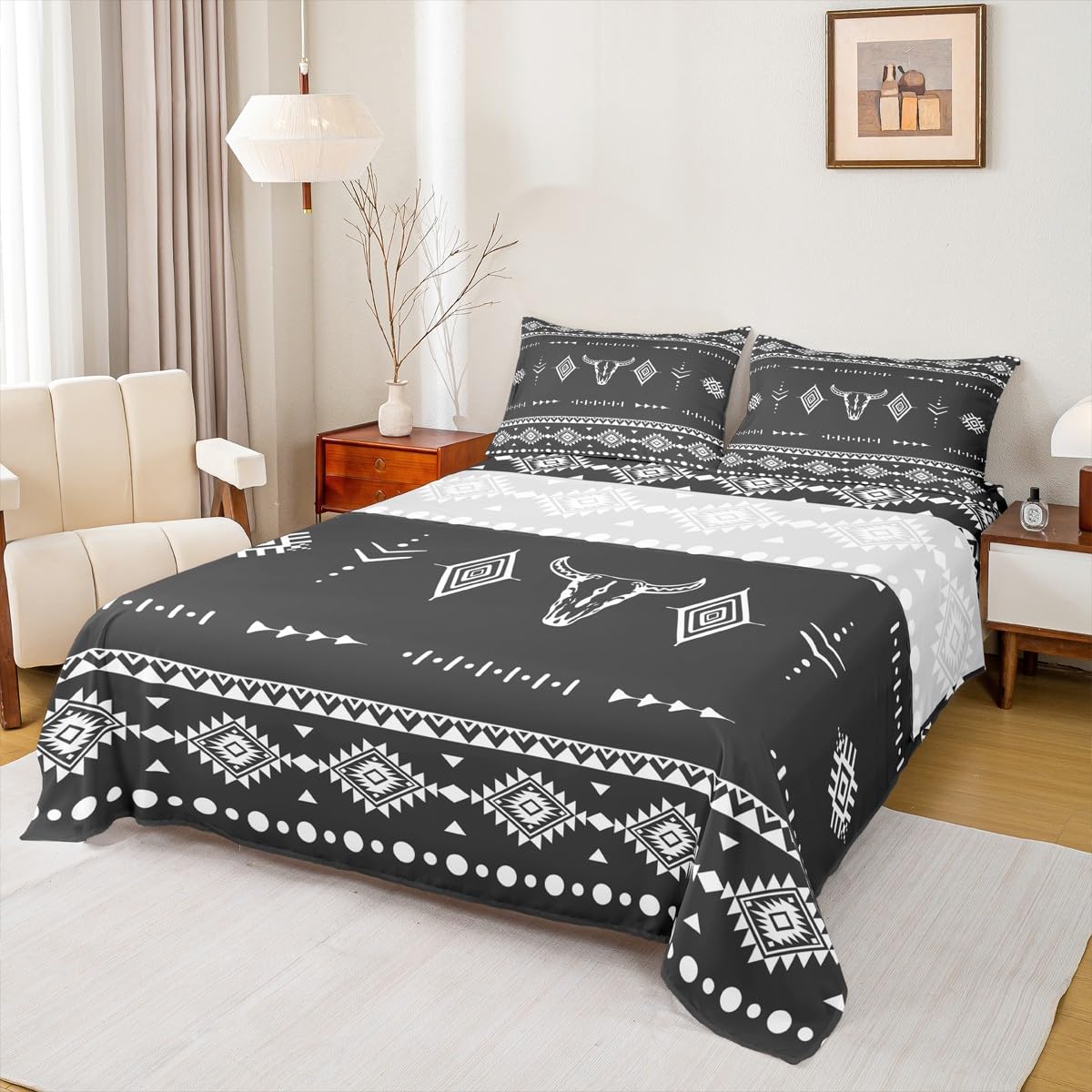 Erosebridal Western Cowboy Bed Sheets Set Full Size, Bull Skull Flat Fitted Sheet for Boys Girls Women Men Room, Boho Aztec Ethnic Horns Bedding Set, Southwestern Native Bed Sets