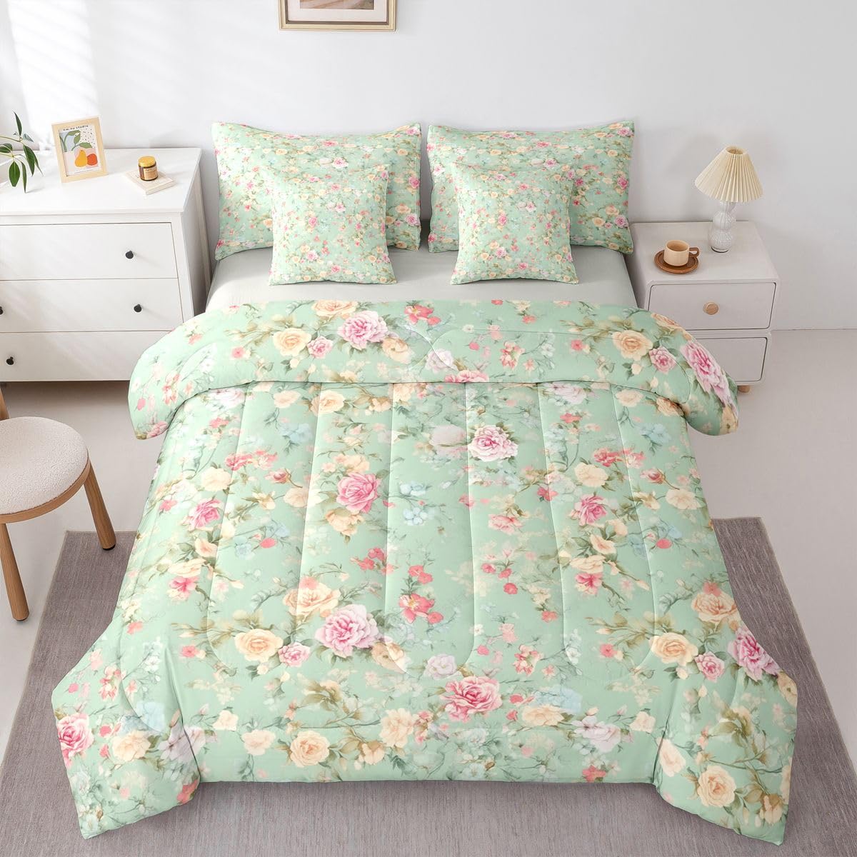 Erosebridal Rose 7 Piece Bedding Set Queen Flower Comforter Set with Sheets Yellow Pink Rose Branch Pretty Bed in a Bag Ink Painting Flowers Plants for Kids Boys Girls