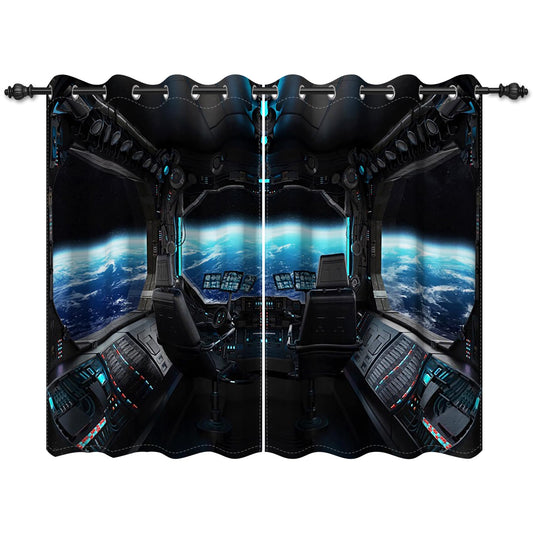 Renaiss Spacecraft Interior Window Curtains Futuristic Spaceship Cockpit Window Treatments Outer Space Earth View Blackout Drapes for Bedroom Living Room French Door Decor 42x63 Inches x 2 Panels