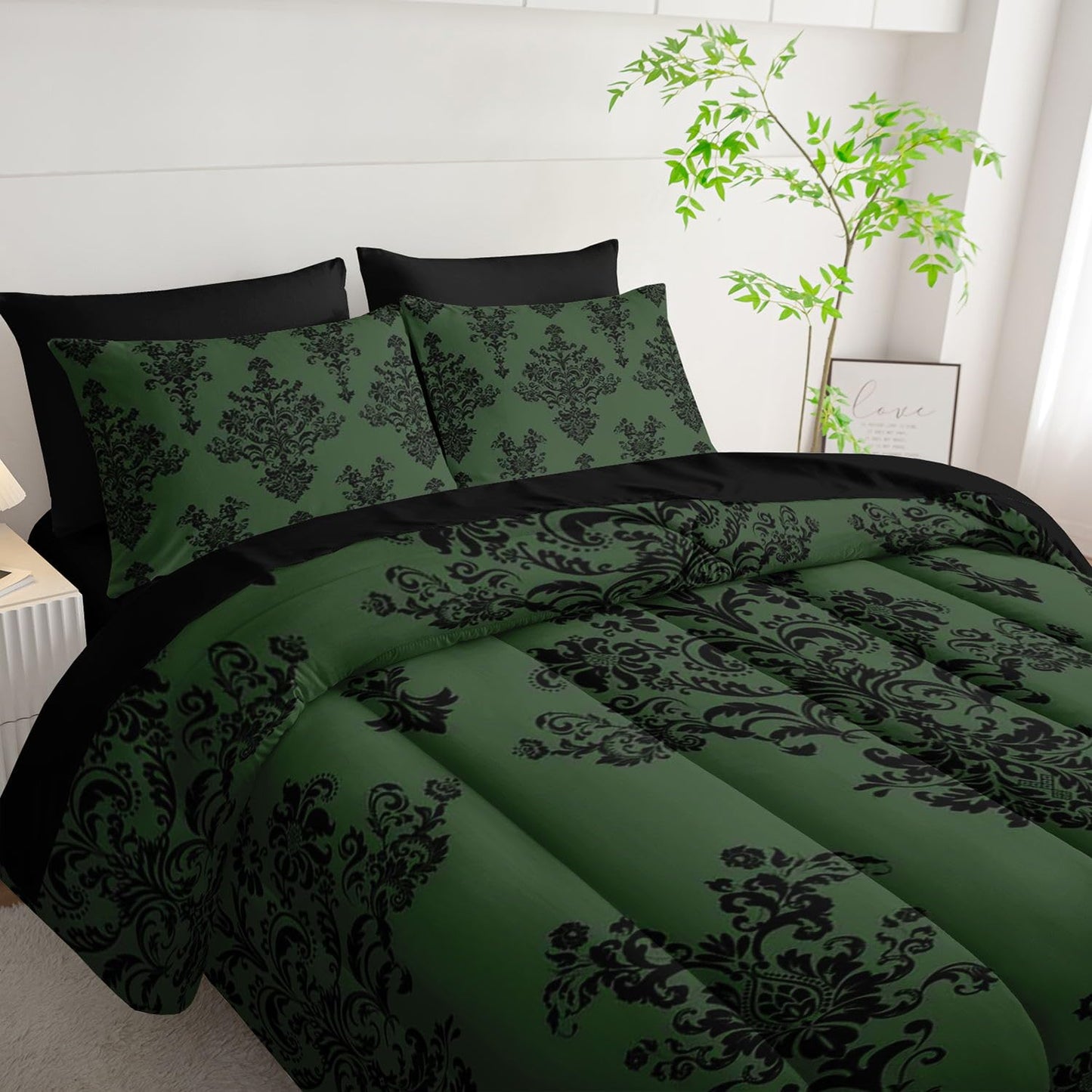 Smell Sunshine 7Pcs Comforter Set Black Retro Pattern Printed Bedding Set with 1 Comforter,1 Flat Sheet,1 Fitted Sheet and 4 Pillowcases for Men and Women Bedroom All Season(Twin)