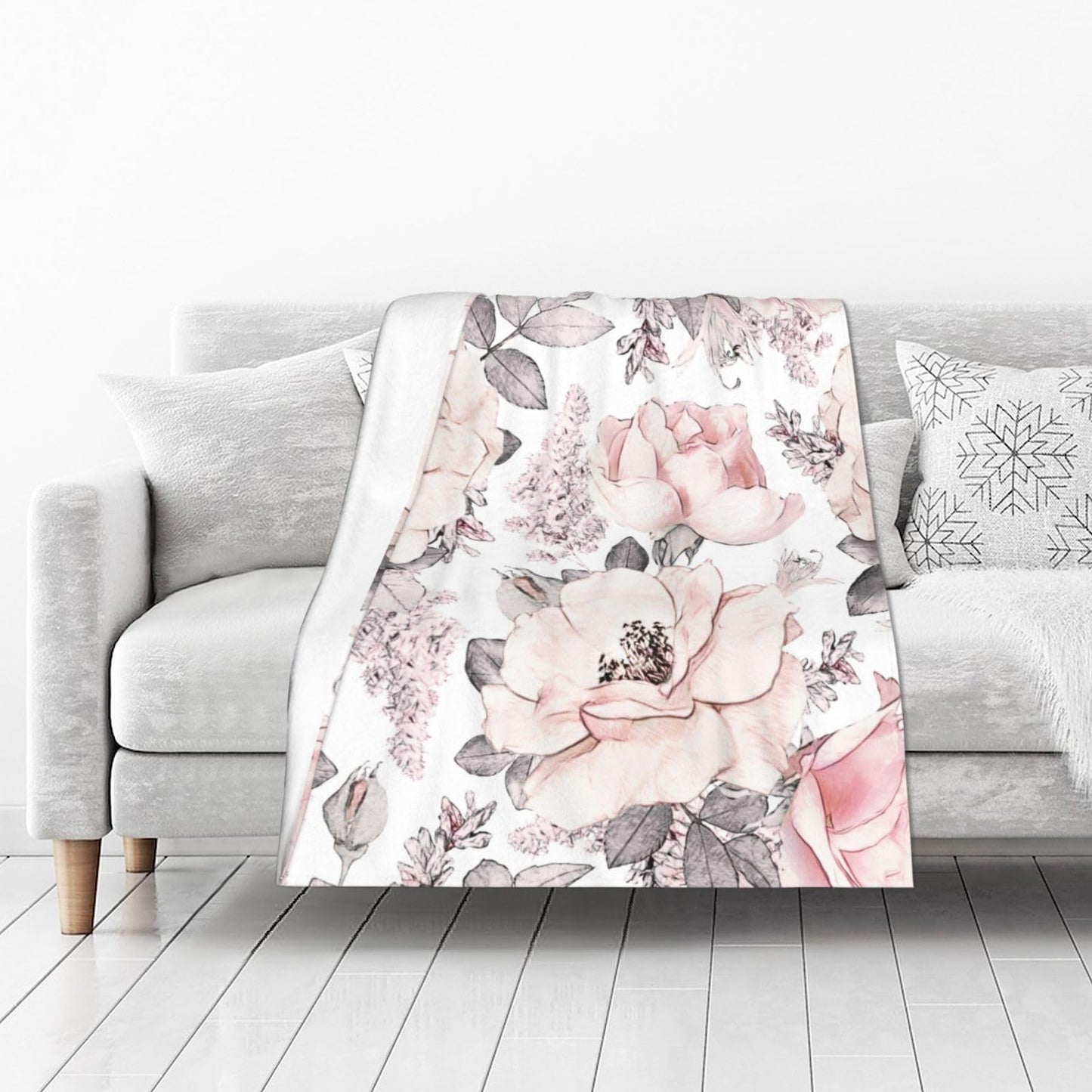 Pink Flower Grey Leaves Blanket Soft Lightweight Throw Blankets Cozy Flannel Bed Throws for Sofa Couch Travel Home Room Bedroom Decor Gifts for Girls Women Adults 50"x40"