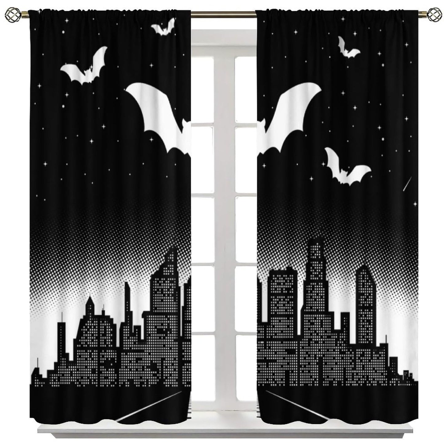 DDCBNS Hero Window Curtains,Comic Art Style Cartoon City Starry Sky Window Treatments for Kids Boys Girls Bedroom Décor Drapes 2 Panel Sets Total Size 42" x 45" Black White
