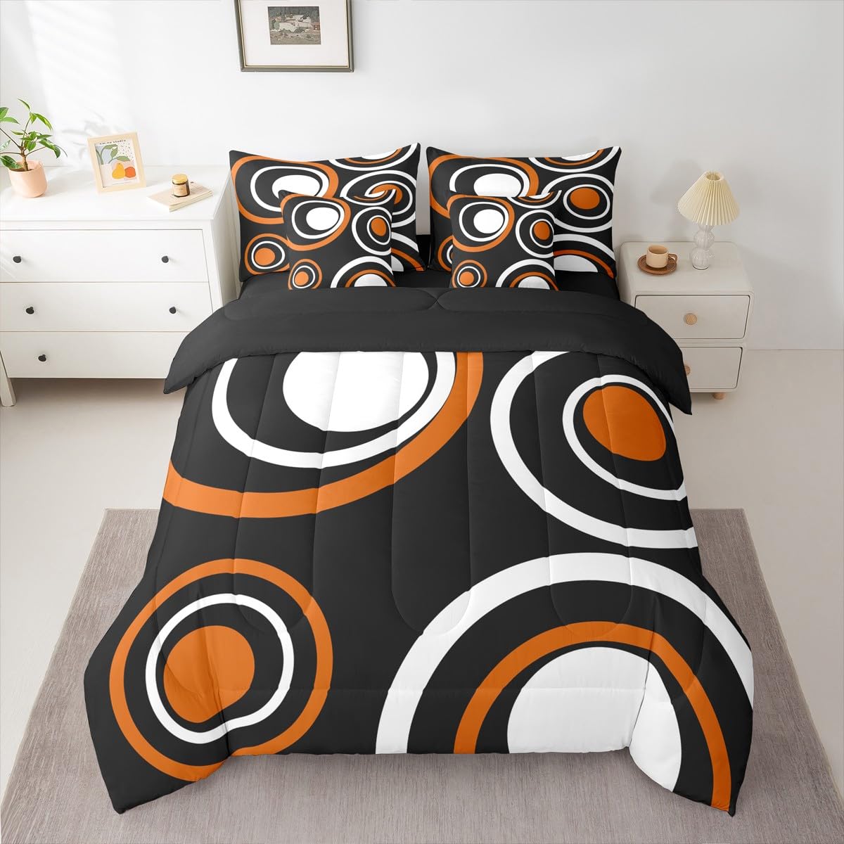 Erosebridal Orange Black Abstract 7-Piece Bedding Set Full Modern Striped Circles Bed in a Bag for Adult Women Men Boho Geometric Art Aesthetic Comforter Set Black White Abstract Duvet Insert