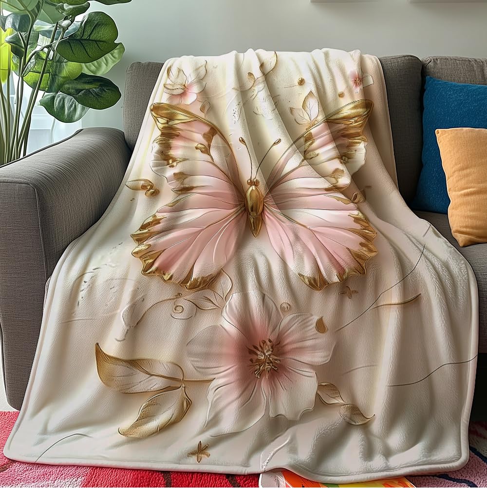 HUNXIAOJ Butterfly Print Throw Blanket Floral Butterfly Blanket Insect Throw Warm Soft Flannel for Adults Bed Sofa Couch (50 in x 60 in)