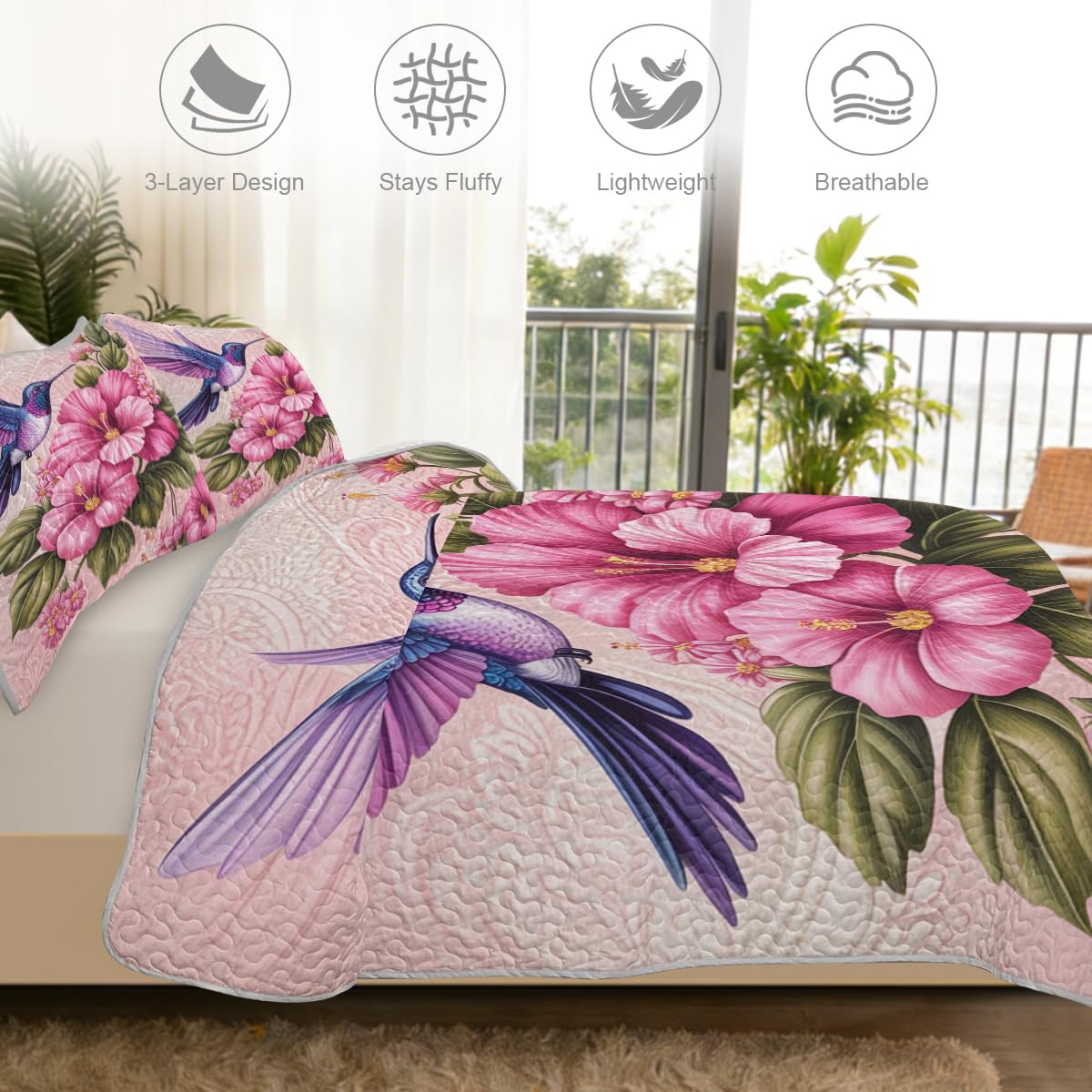 ARIGHTEX Flower Bird Quilt Set Queen Size Pink Hibiscus Hummingbird Floral Bedding Set Lightweight Botanical Quilt Coverlet Soft Microfiber Bedspread Spring Quilt Set with Pillow Shams