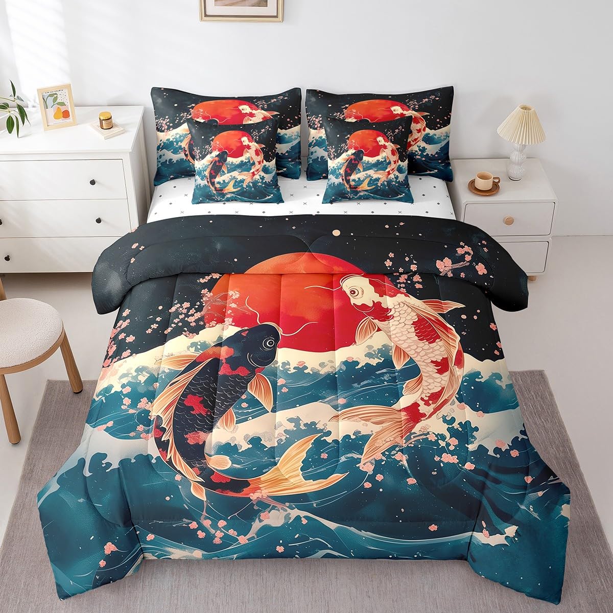 Erosebridal Japanese Koi Fish Queen Bedding Set,Blue Ocean Waves Comforter Set 7 Piece,Pink Cherry Blossom Bed Set for Kids Adults,Oriental Floral Bed in a Bag with Fitted+Flat Sheet,Pillowcases