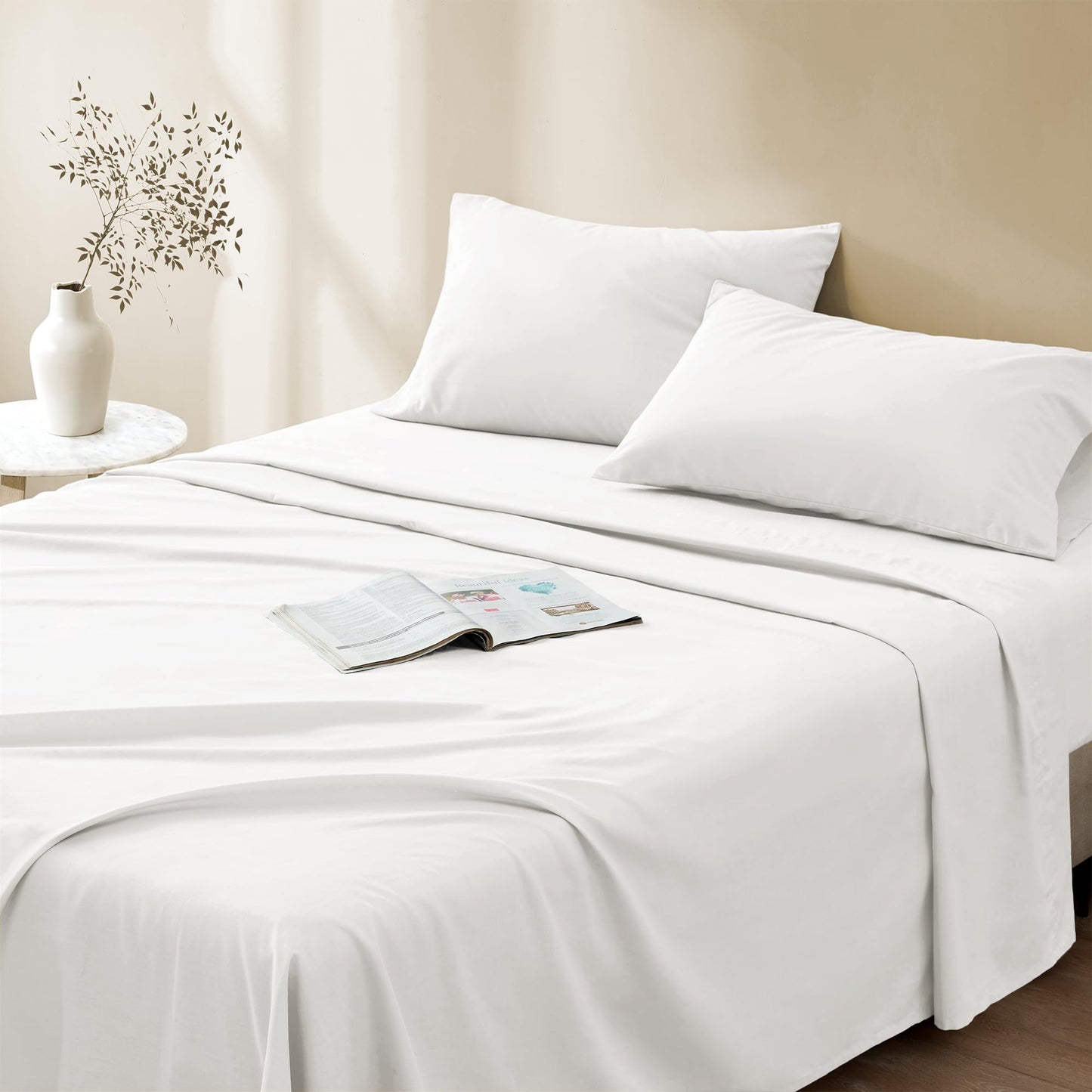 Comfort Spaces 100% Cotton Sheet Set Breathable, Lightweight, Soft with 14" Elastic Pocket Fits up to 16" Mattress, All Season Cozy Bedding, Matching Pillow Case, King White 4 Piece
