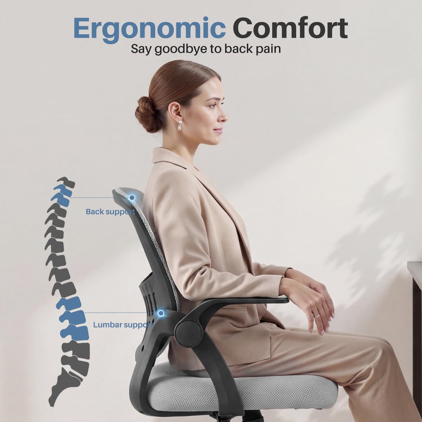 DUMOS Home Office Desk Chair - Ergonomic Computer Mesh Chair with Lumbar Support & Rocking Mode, Height Adjustable with Flip-up Armrest, for Conference, Meeting Room, 360° Swivel, Adults, Grey